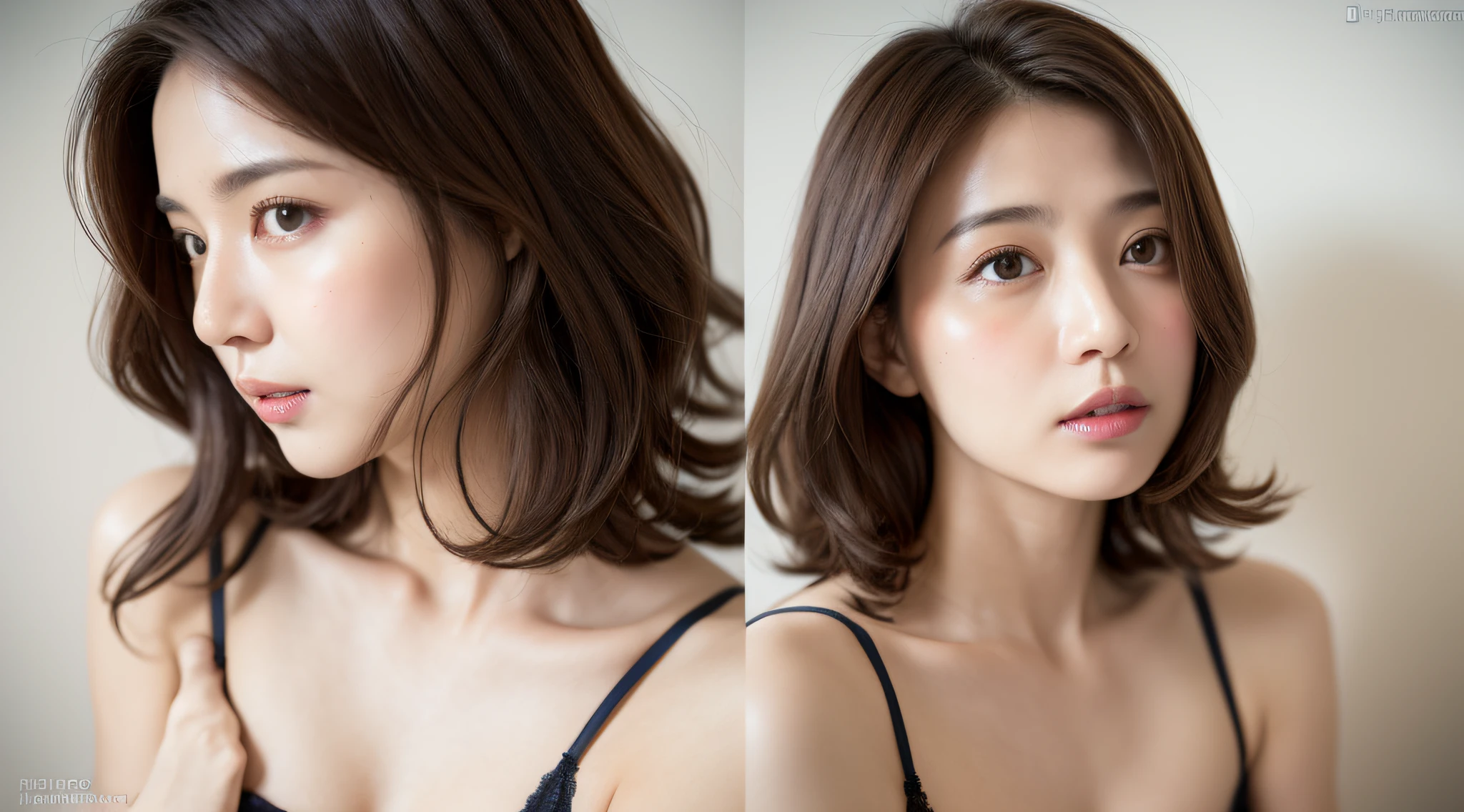 Mature milf lad,erotic underwear style,super cute,extreme close up upper full body,nice perfect face with soft skin perfect face,gorgeous long wavy brown-haired,8K resolution,ultra-realistic,ultra-detailed,highs quality,erotic beautiful immature lady wearing trendy underwear clothing at a Ranway,