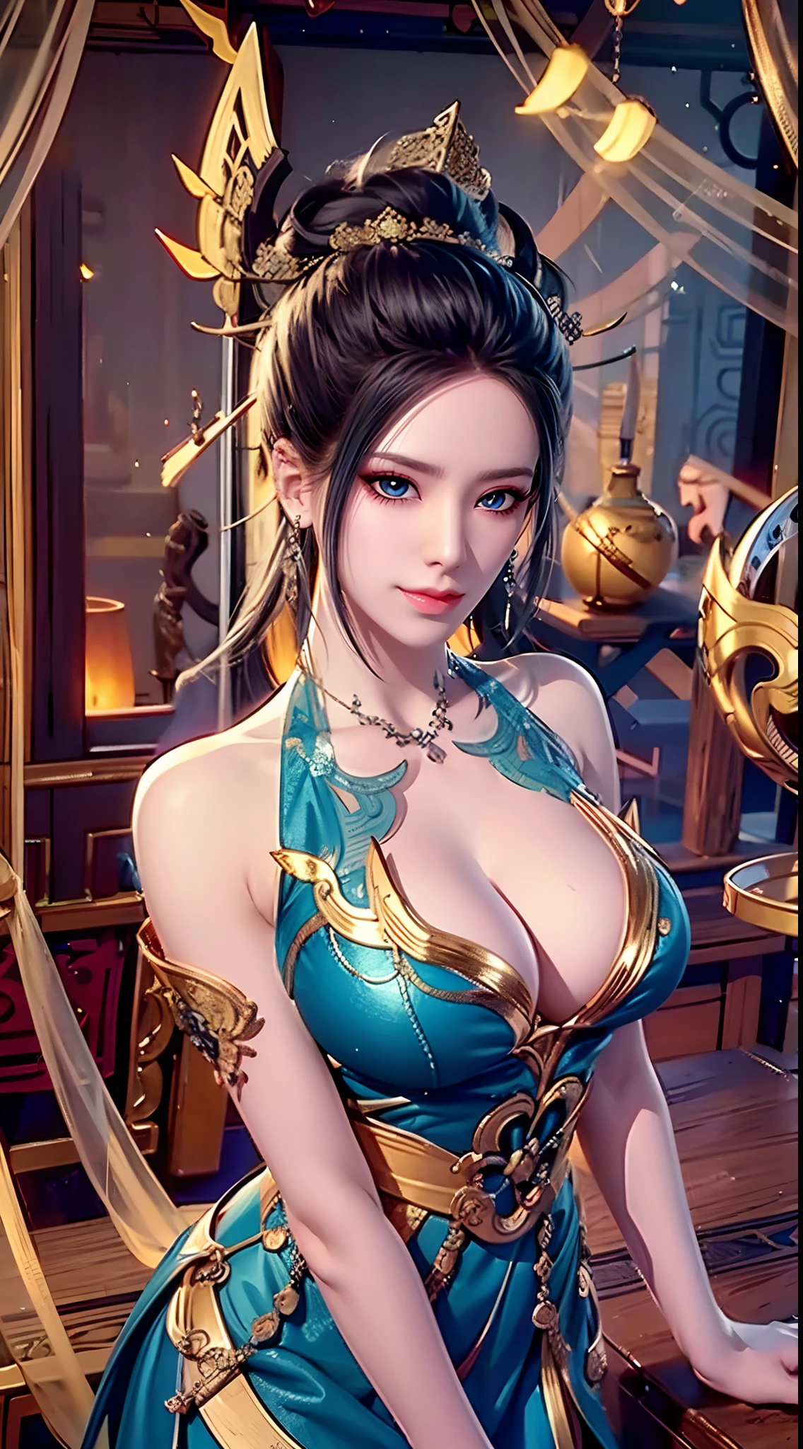 ylj，（（（Mature female，Exquisite facial features, Beautiful face, shaded face, petty face,cabelos preto e longos，Blue eyes，Charming, Alluring, Seductive, Erotic, Enchanting, hair adornments,Ring earrings，Long black hair covers the body，laughingly，self-assured）））,((Masterpiece)),A high resolution, ((Best quality))，tmasterpiece，top-quality，best qualityer，（（（ looking at viewert, There is light in the eyes））），