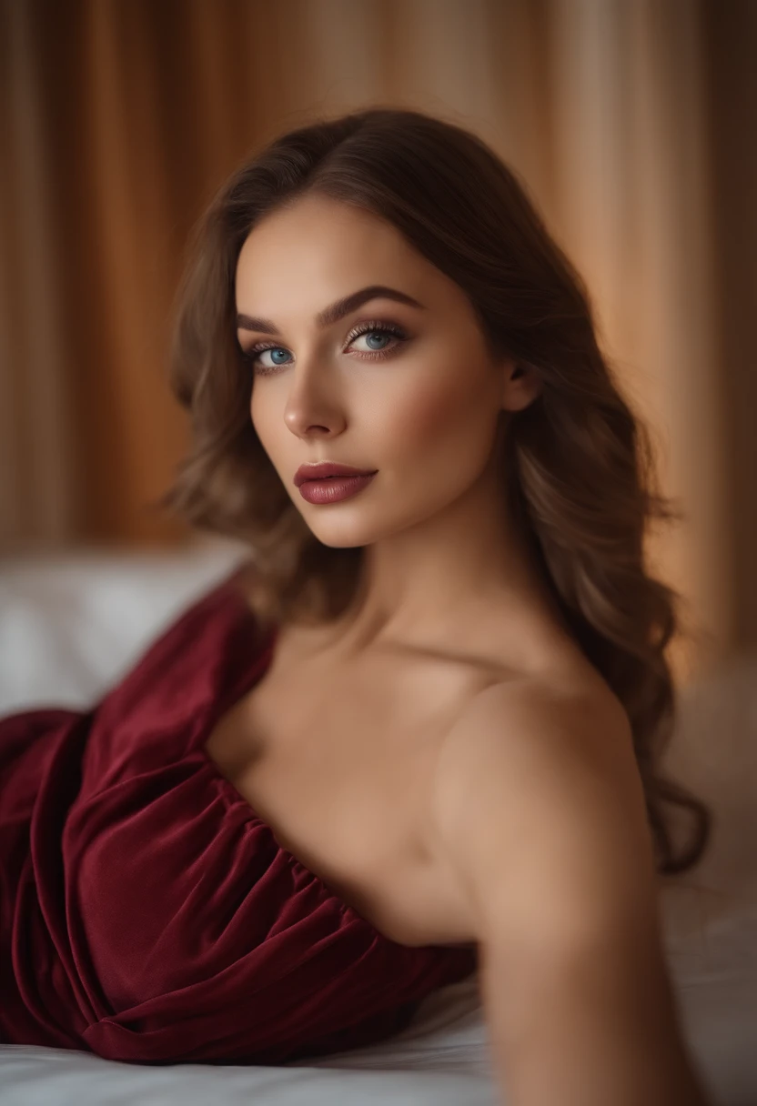 woman in a dress, in her bed Sexy girl with blue eyes, portrait sophie mudd, portrait corinna kopf, blonde hair and big eyes, Selfie einer jungen Frau, Augen im Schlafzimmer, Violet Myers, ohne Make-up, Natural makeup, Blick direkt in die Camera, Gesicht mit Artgram, dezentes Make-up, Impressive full-length photo, im Schlafzimmer, Spaltung