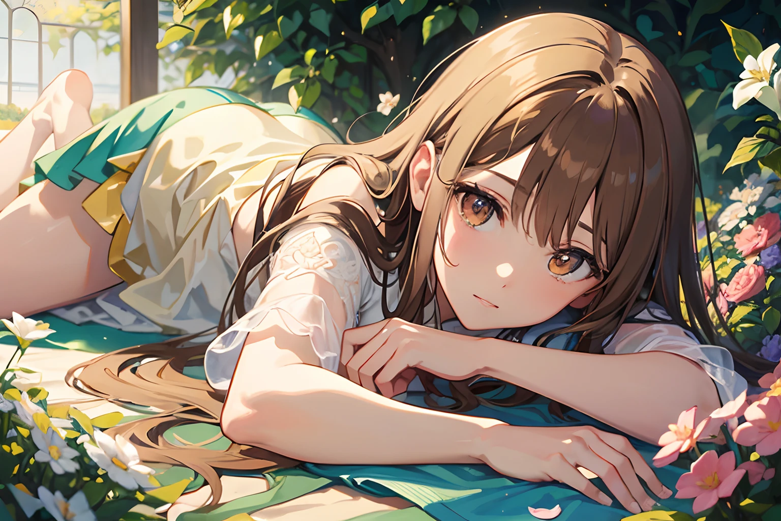 Official Art, Masterpiece European female, pale brown hair , brown eyes, (masterpiece、top-quality、hight resolution: 1.4),in 8K, Anime Art Nouveau, highly detailed exquisite fanart, anime fantasy illustration, clean detailed anime art, detailed anime art, Sharp Focus, Delicate Beautiful Hair and Eyes and Face, realisitic, ultra-detailliert, flower garden, sunlight,