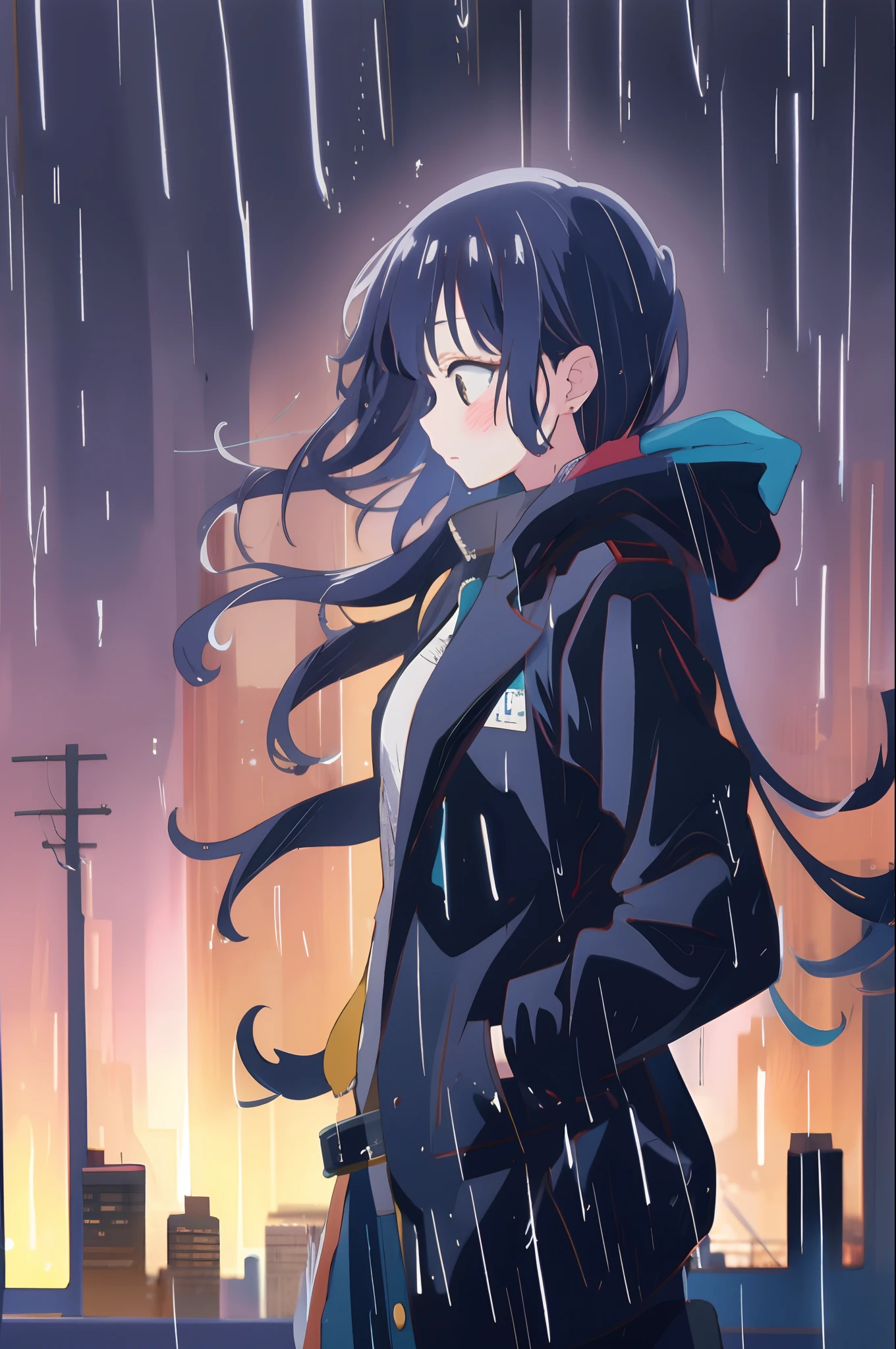 1 girl, night city, rain, coat, hands in pockets