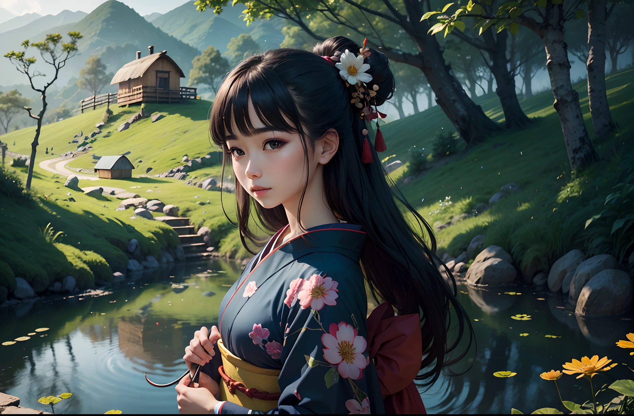 beautiful woman, hill side, hut, kimono, pond, perfect face, long hair, vibrant nature, warm tone