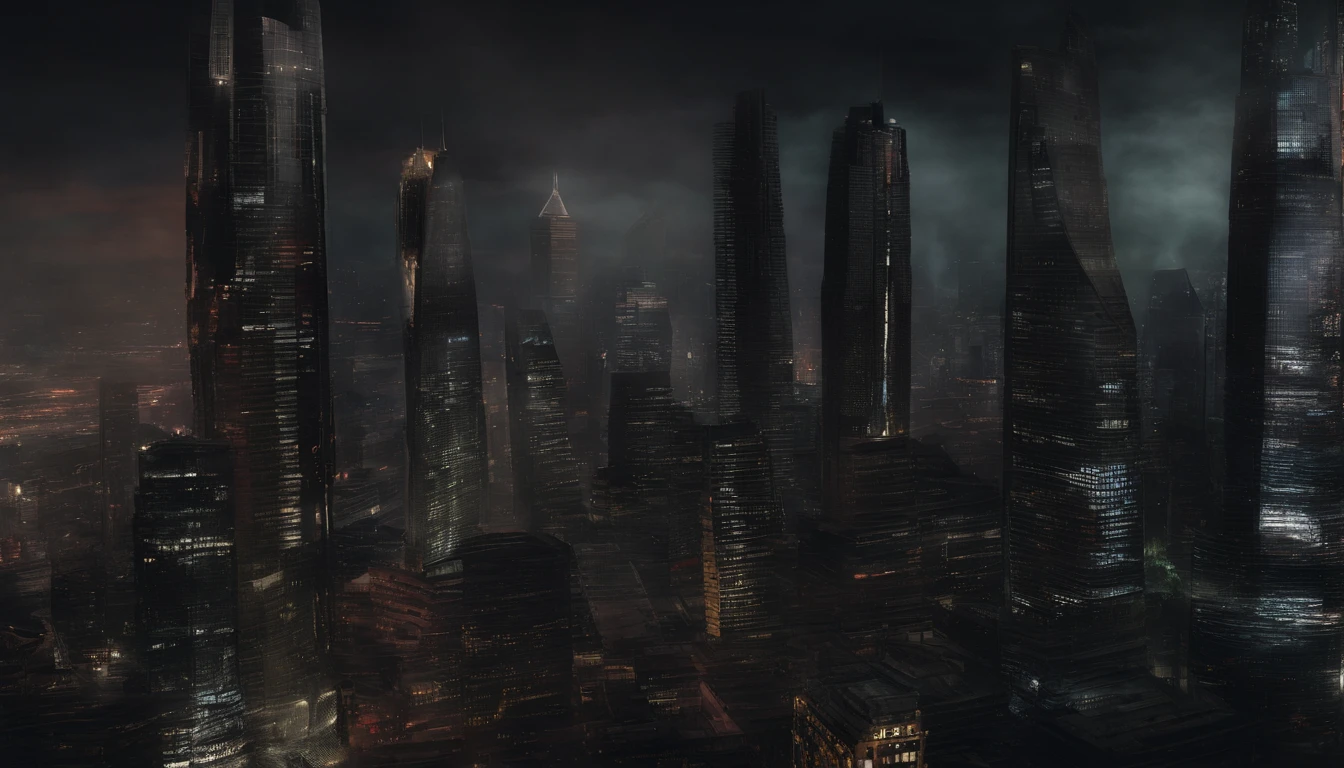Image of skyscrapers with many colors and with lights in the windows on a beautiful sunny day, ambiente tenso e seco no ar, Ambiente escuro, Contemporary clothing, Bible, Biblical stories, Based on the Old Testament story of the apocalypse, 8k, cinemactic, Realistic