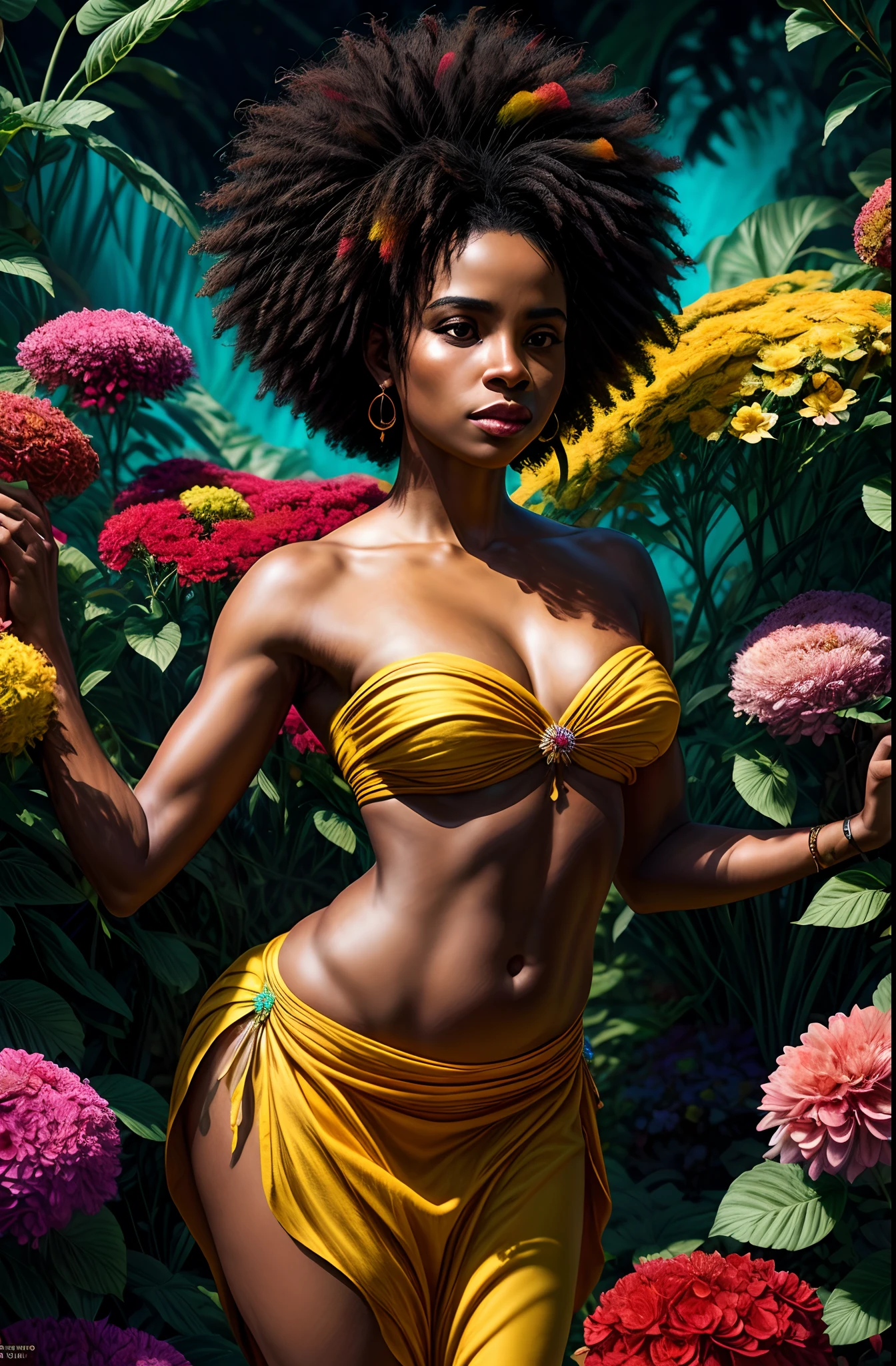 mulher negra,bicho, elegante, vivid colors, Atmospheric,sereno, elegante, Borboletas, flores florescendo, em movimento, Dramatic, corpo inteiro, organic composition,Detalhador Furtástico,Foto bruta 8K,afro-woman