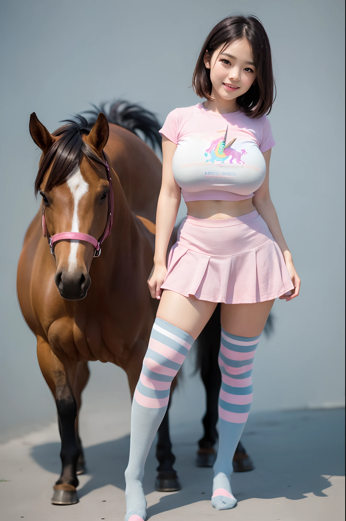 ((high resolution)), ((pale skin)), sinful, gorgeous , cute ukrainian lolita ((12 years oung ukrainian, anna hatway, redhead , with blue eyes, blushing cheeks, wavy fur, hourglass figure, (narrow waist), smiling, colossal busty, K cup large bust, like a fantasy druid, horse behind, horse, hourglass figure, (narrow waist)horse, Bank,