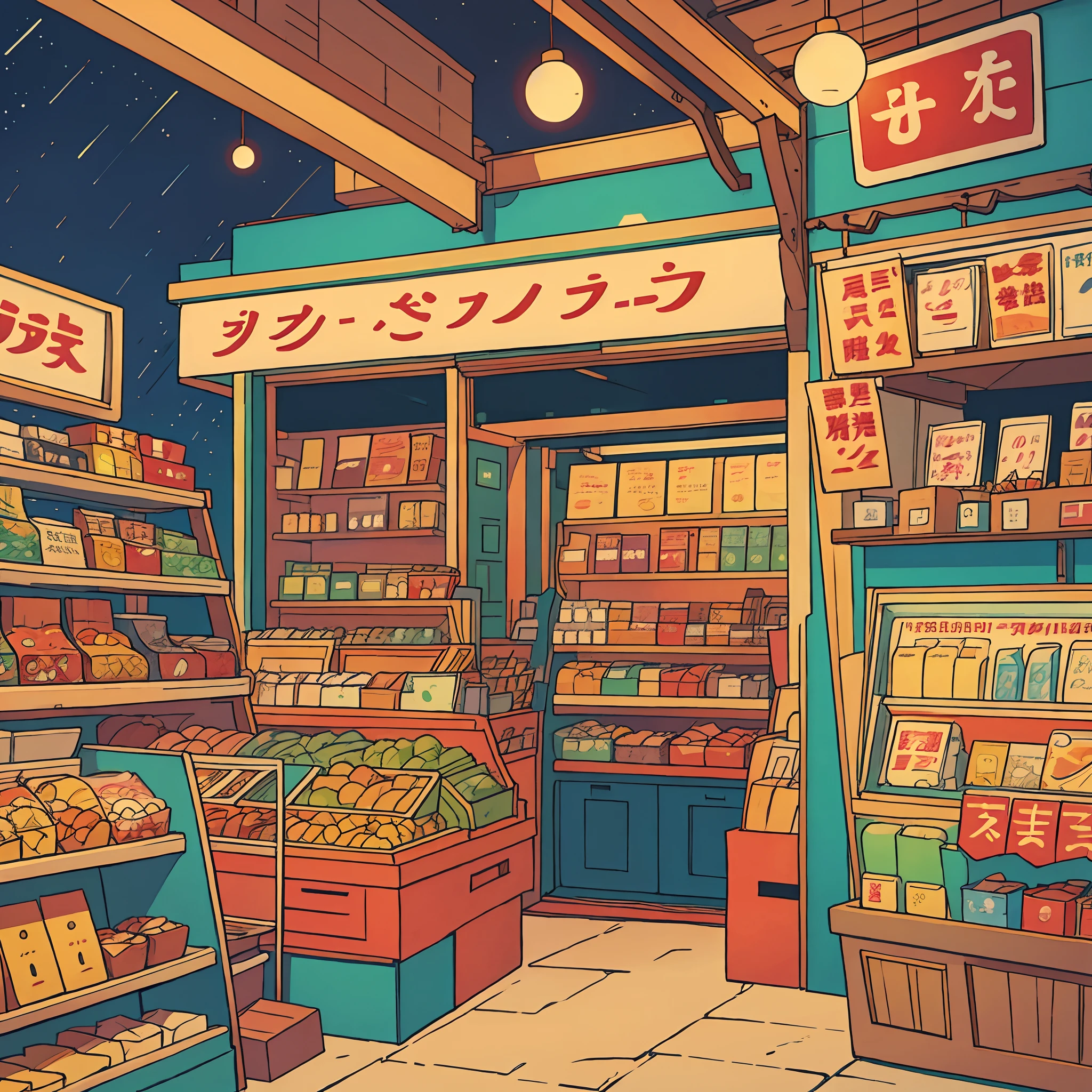 perfect anime illustration, minimarket, interior, the night