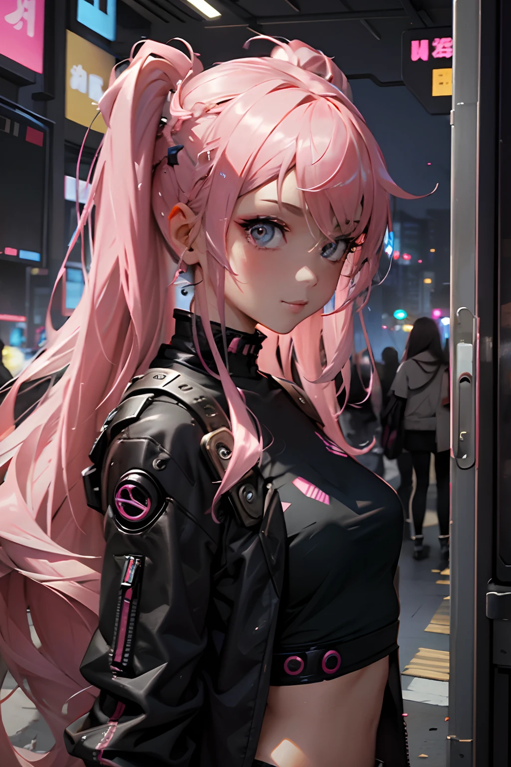 Beautiful woman pink twin tail long hair、cyberpunk style short clothes、gazing at viewer、front facing、A slight smil