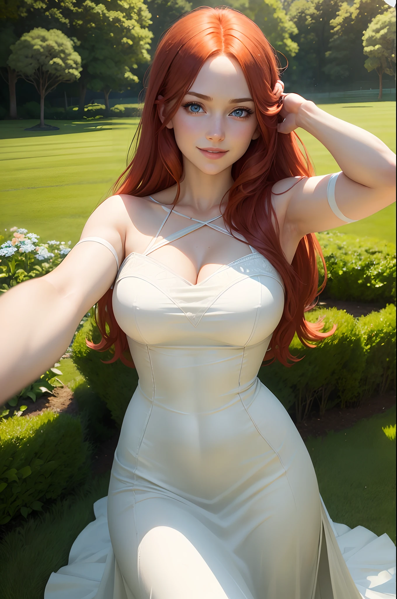 Young female character; Long cream dress; medium tits; blue eyes; Bright red hair; Realistic features and detailed facial features; 25 year old woman; smiling and looking at the camera; closed fists; Dim light; Masterpiece; Garden background; Lying position on the grass