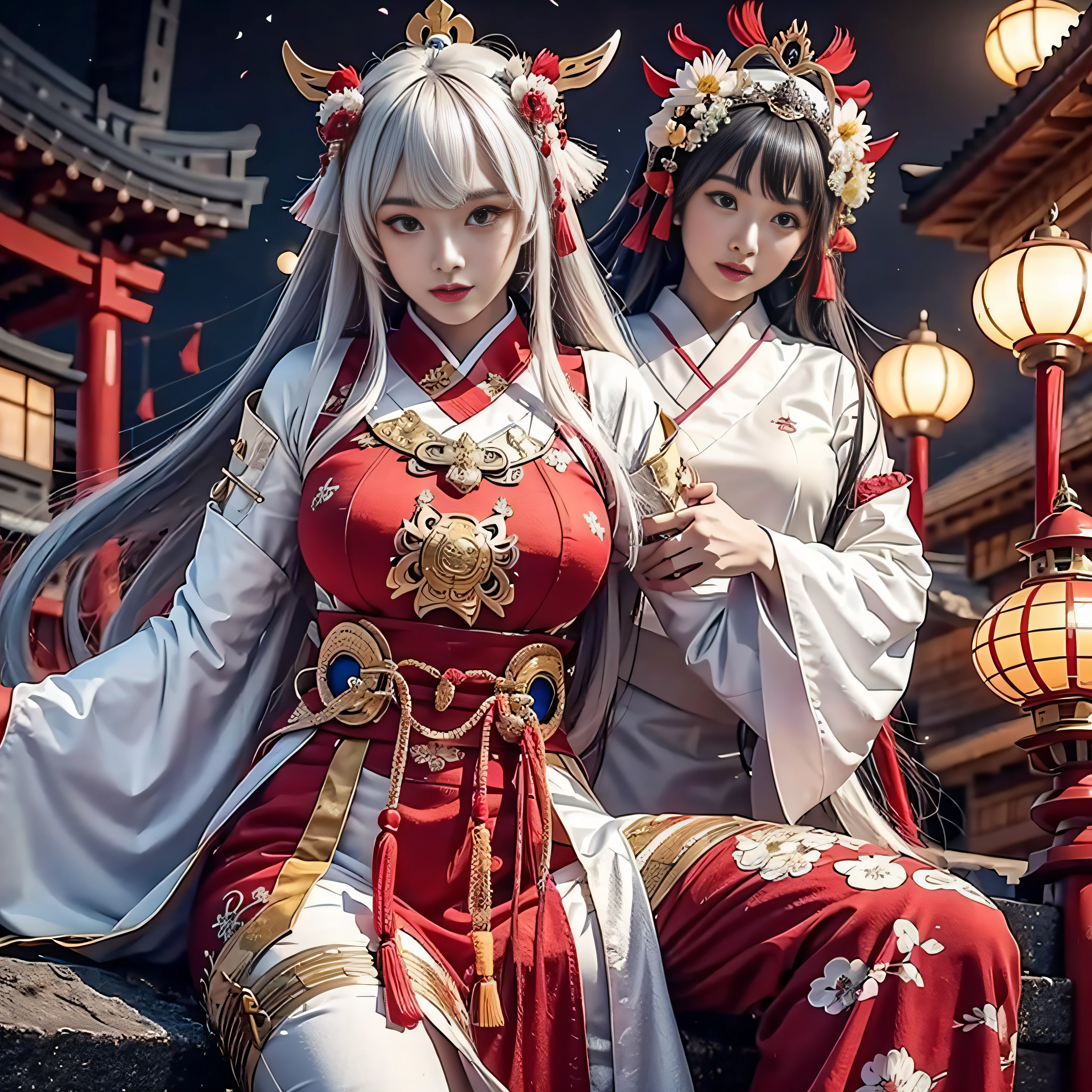 (The 8k quality: 1.3), (Top image quality: 1.2), 1 female, (Face Details), Perfect face, Sexy face shapes, Unique, (overall detail detail: 1.4), (imperial water), Chinese Hanfu, Flowers, perfect combination of dream and fairy, (masutepiece: 1.2), Tang Dynasty oversized clothing mopping, Tang Dynasty exquisite accessories, diadems, served look, Proud, Wonderful, Beauty, overall center alignment, Beautiful scenery, Red lantern, Smoke, illusion, Soaring, red carp, imperial sword, clothes floating, inflatable airflow, killing enemies, Doppelganger, Flower art, White hair colourfull、highestdetailed Tsukiyomi Dojin, Tsukiyo Mizun, Moon incarnation, Supreme God of Japan, The god of ancient Japan and the deification of the moon. Ancestors of the Emperor of the Japan, Shinto deity of Japan, Amaterasu's sister, The background is a shrine of Japan Colossal tits plump udder A sexy