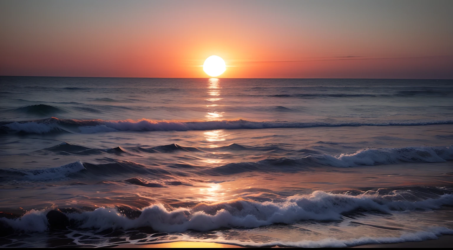 A beach at sunset with a red sunset and the blue and silver beach