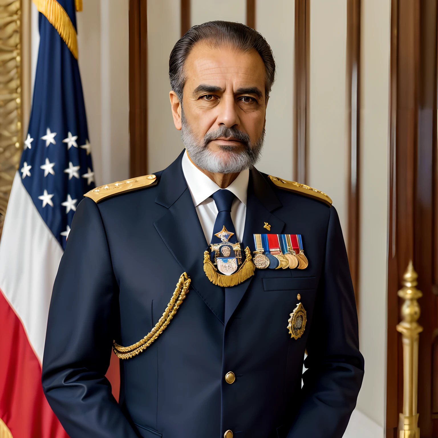 (high quality,professional,1999 portrait),68-year-old Franco-Arab president dressed in formal military uniform,posing for a photography,interviewing,focused expression,commanding presence,exquisite details,well-groomed beard,piercing eyes,straight posture,distinguished look,confident smile,richly decorated uniform,golden epaulettes,embroidered badges,elegant tie,classic suit,polished leather shoes,impressive backdrop,government office,grandiose presidential seal,large national flag,proud and dignified atmosphere,warm studio lighting,crisp and clear image,vivid colors,subtle shadows,meticulous attention to facial features,gentle bokeh effect,realistic rendering,charismatic and authoritative presence,highlighting his role as a leader