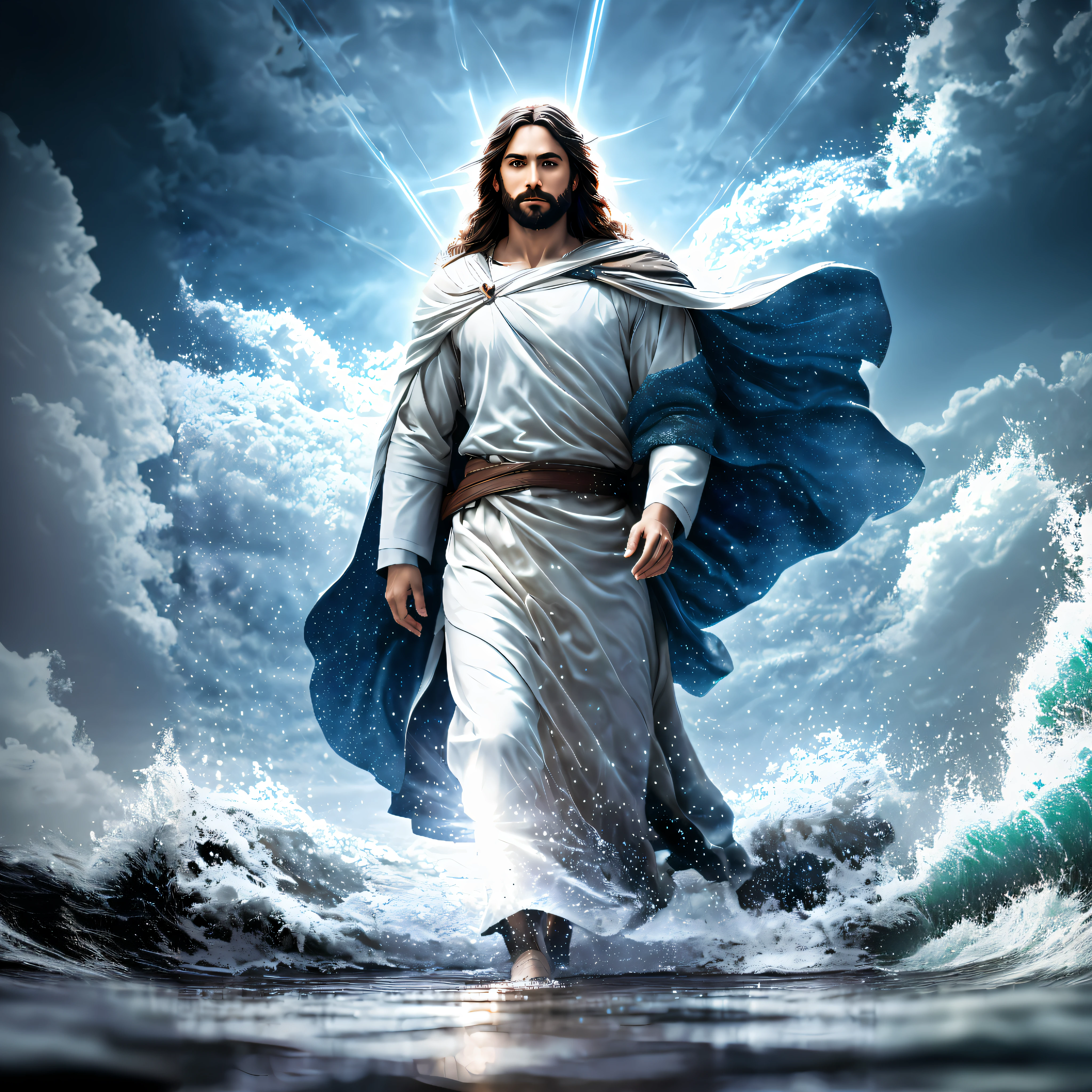 jesus walking in the water with a cape on, jesus walking on water, jesus christ, dressed like jesus christ, jesus, jesus of nazareth, greg olsen, god of the ocean, the lord and savior, portrait of jesus christ, the sea and storms behind him, bright light masterpiece, young almighty god, christian art, the god of the sea