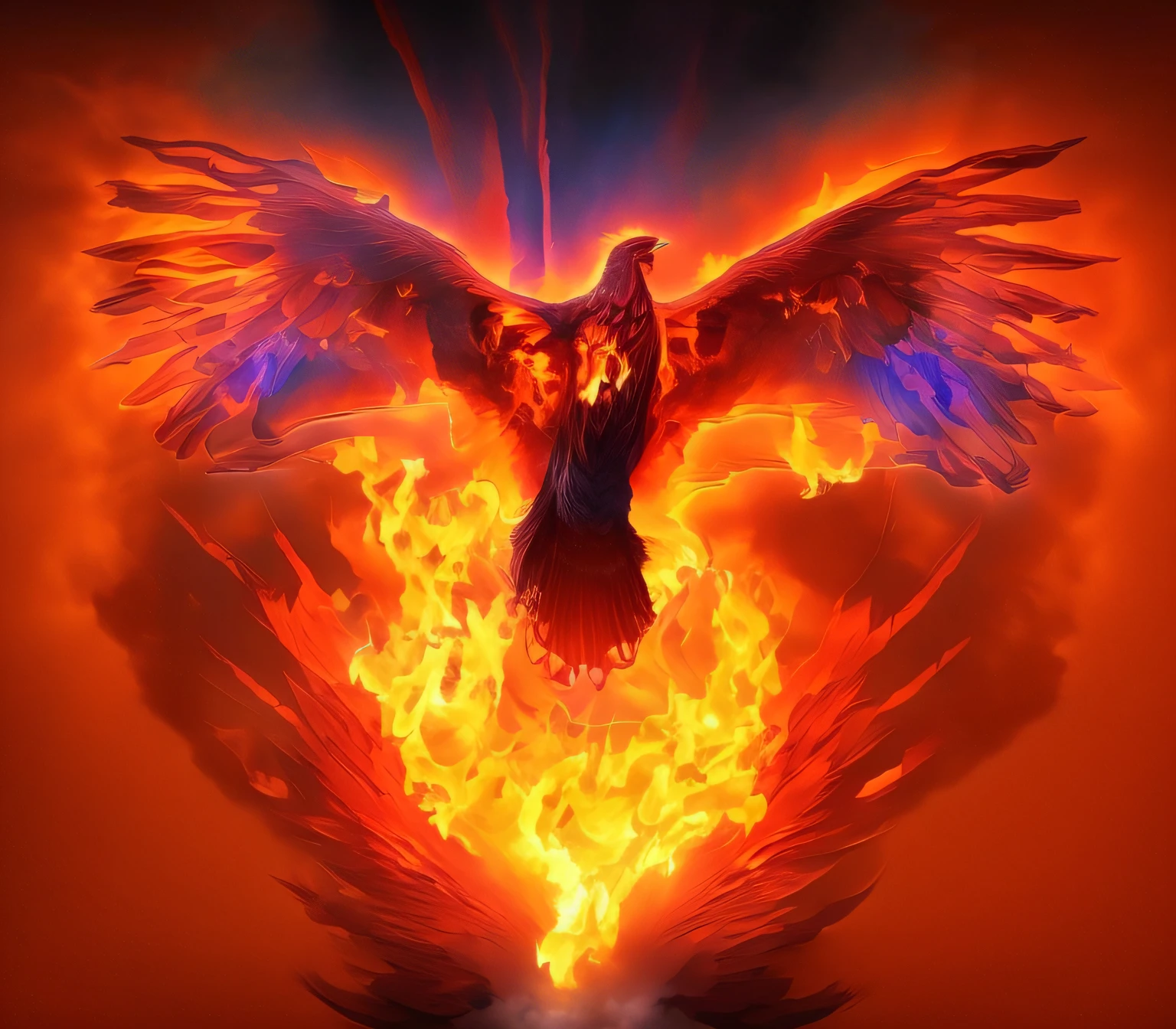 a firebird flying through the air with its wings spread, phoenix rising from the ashes, phoenix in fire, phoenix rising, ''wallpaper of a phoenix, Fiery bird, com asas douradas ardentes de chama, the phoenix, phoenix, phoenix flames, com asas douradas ardentes,