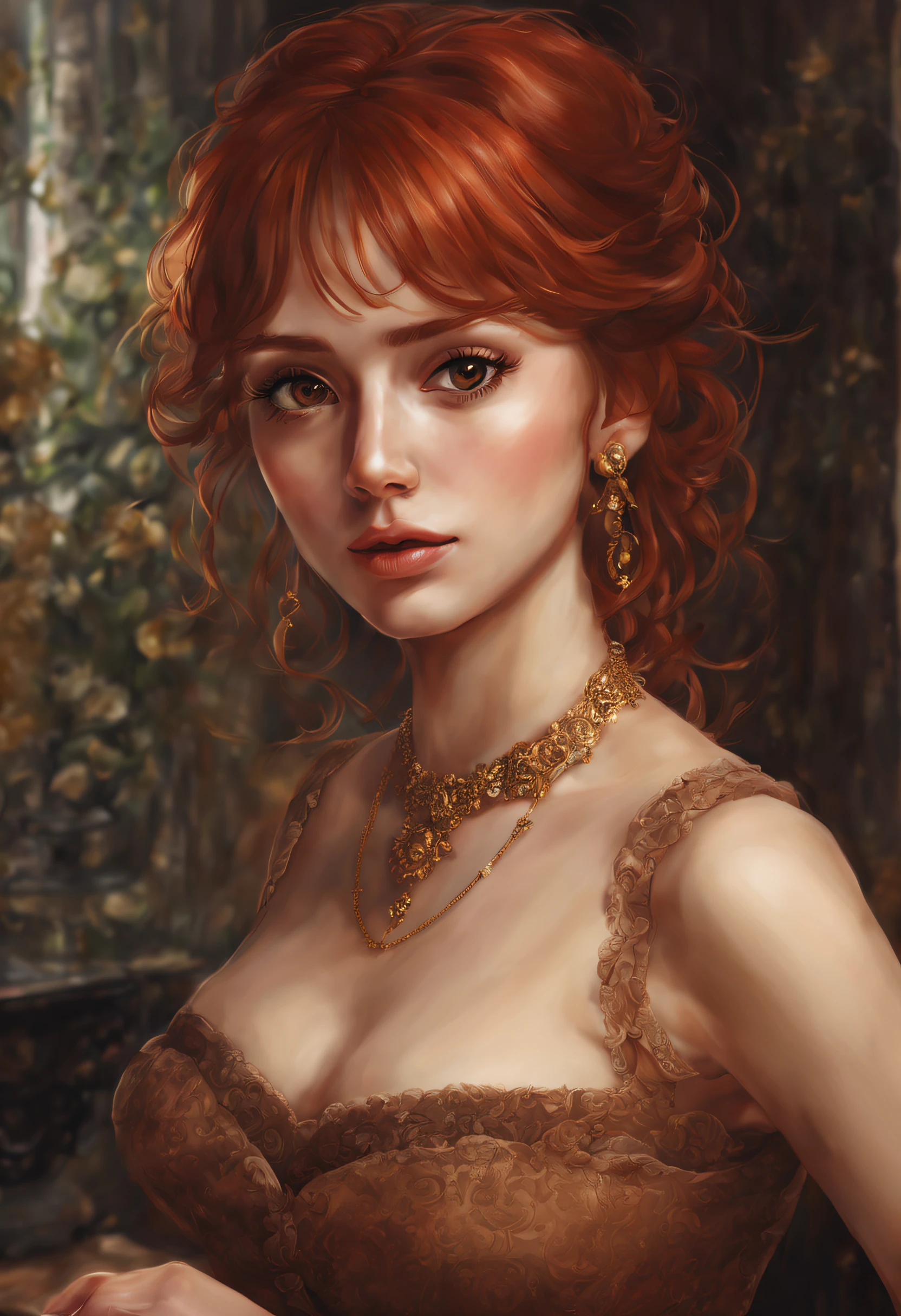 Best Quality, Masterpiece, (Realistic: 1.2), 1 girl, slim girl, red hair, brown eyes, front, detailed face, beautiful eyes, brown eyes, big eyes, small breasts, cleavage, long dress