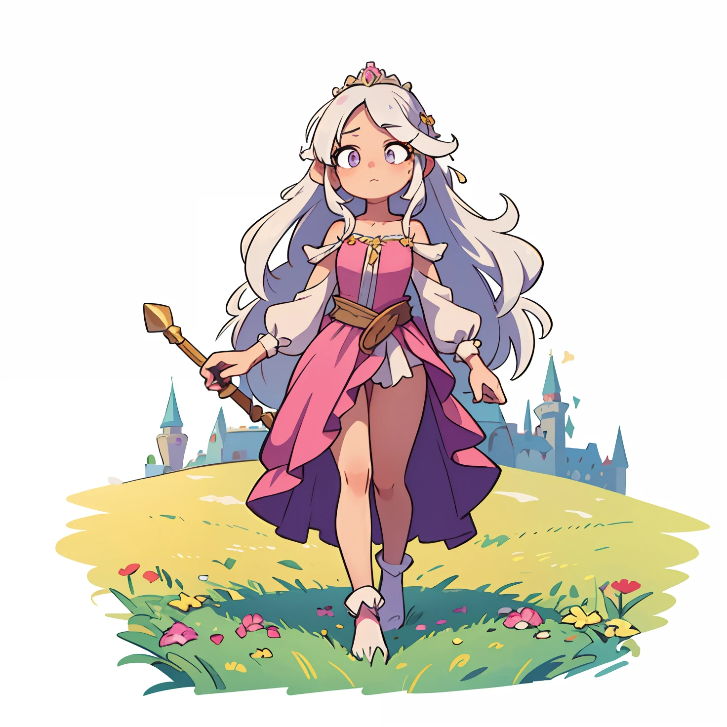 A princess wearing a pink dress stands in a meadow surrounded by colorful flowers. She has disheveled white hair that flows down to her waist. The princess is outdoors, with fluffy clouds in the background creating a dreamy atmosphere. The scene has a fantasy vibe, with elements of medieval times. There is a majestic castle in the background, adding to the magical ambiance of the artwork. The princess in her ethereal beauty creates a sense of awe and wonder. The image is of the best quality and is a true masterpiece, capturing every minute detail and bringing the princess to life.