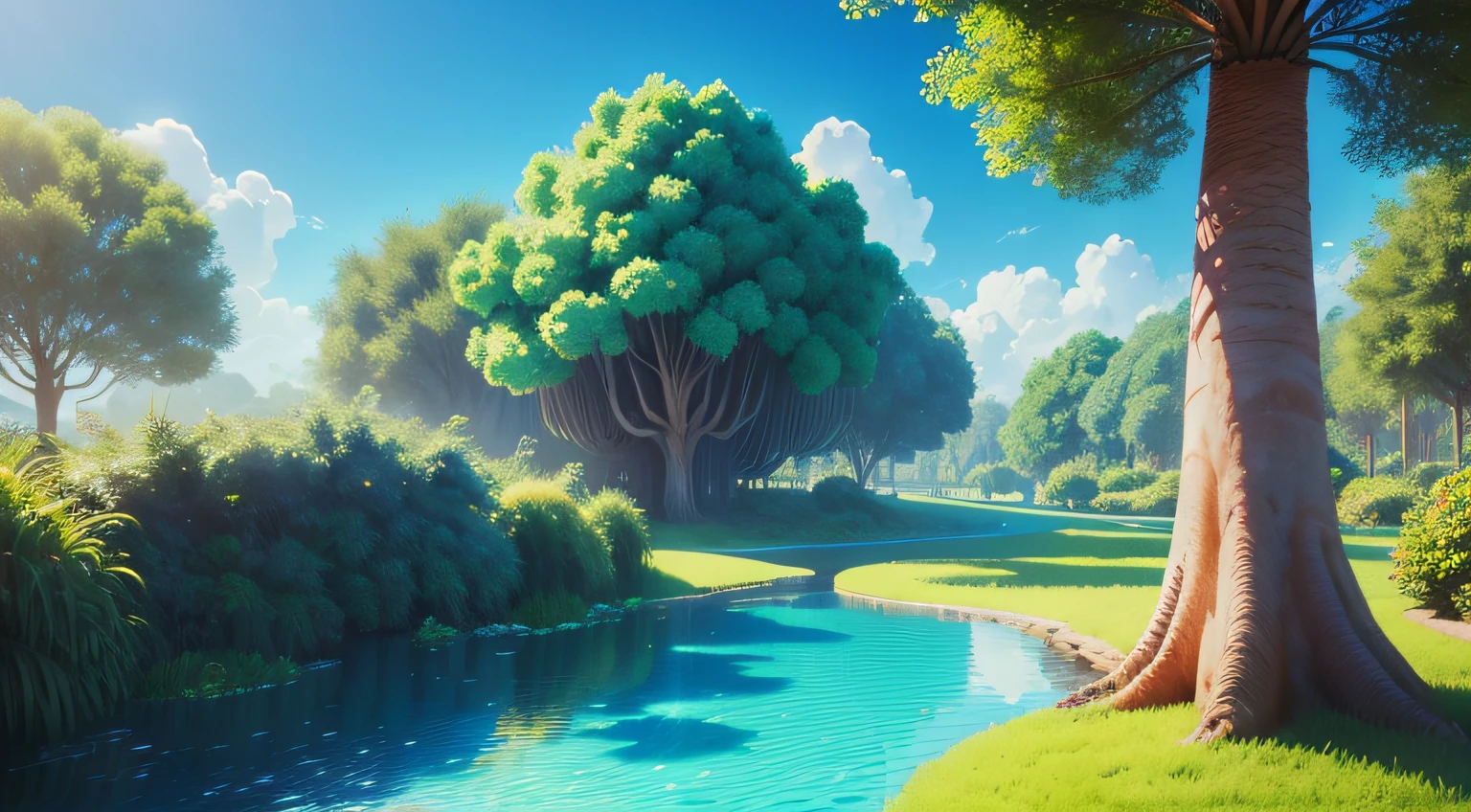 disney, pixar, Fundo divertido, ((estilo aquarela)), floresta, blue skies, fun, cogumelos, ((floresta encantada)), scenic view, alta resolução, (cores saturadas), 3d, 4k