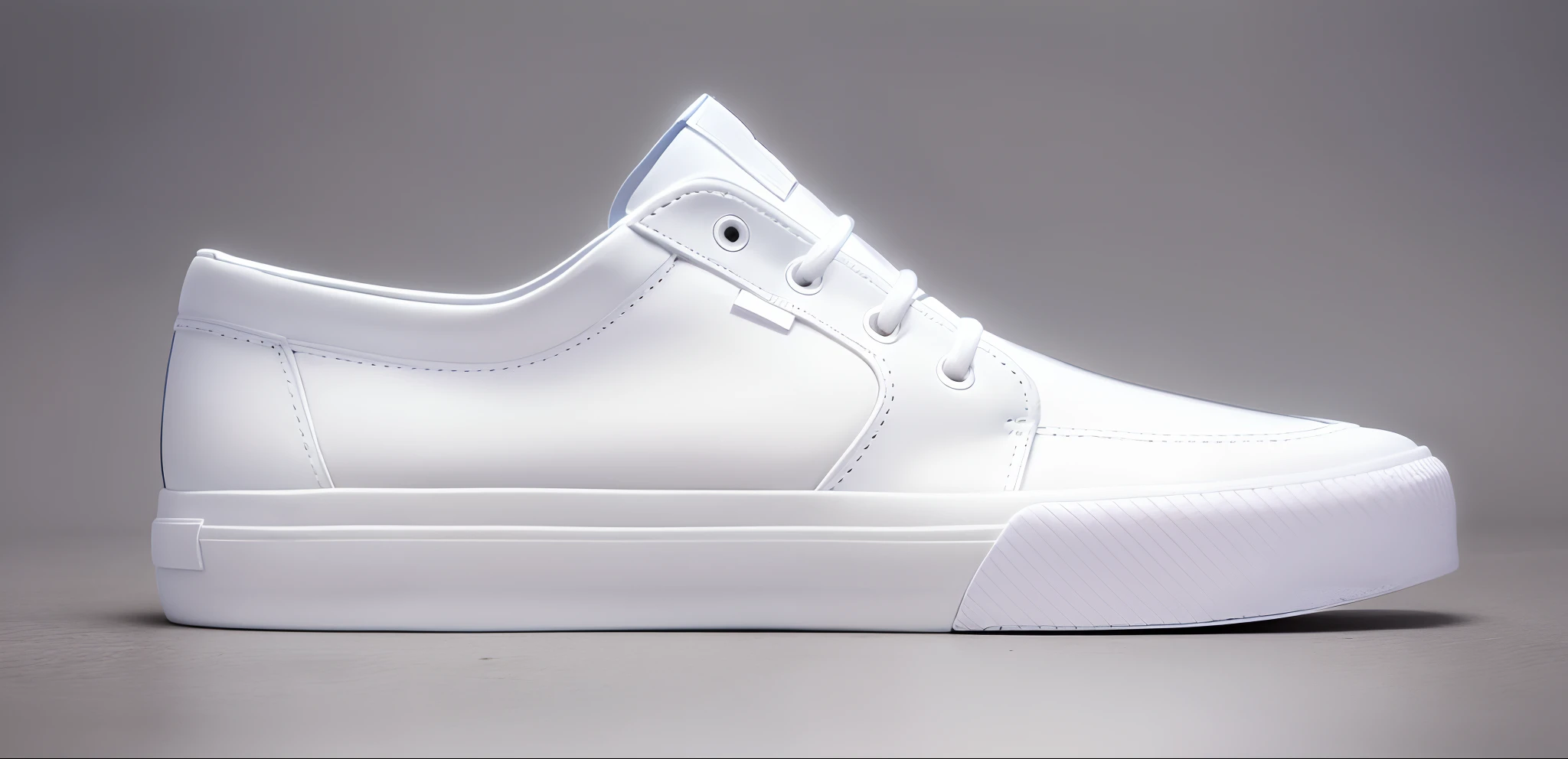 Una zapatilla de skate blanca sobre un fondo blanco. La zapatilla tiene un aparado de cuero blanco y una suela color blanco. The laces are also white. The lighting is clear and the image is sharp. El estilo es fotorealista. Detalles: La zapatilla debe estar ubicada en el centro de la imagen. La zapatilla debe estar bien iluminada, sin sombras ni reflejos. The image must be sharp and high-resolution. El estilo de la imagen debe ser fotorealista, con un enfoque en los detalles.