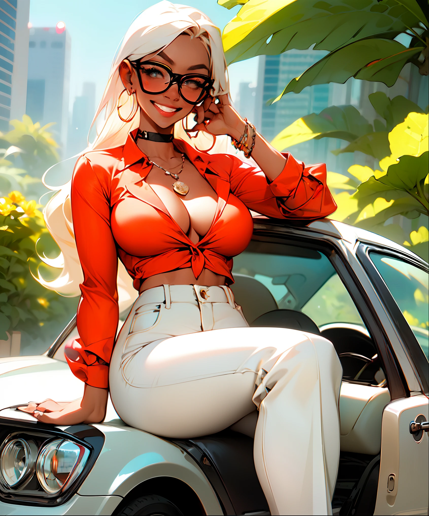 masterpiece,(masterpiece, top quality, best quality),1girl, jewelry, long hair, blonde hair, solo, shirt, earrings, pants, smile, motor vehicle, choker, sunglasses, looking at viewer, bracelet, car, plant, high-waist pants, ground vehicle, sitting, outdoors, day, breasts, red shirt, dark-skinned female, tinted eyewear, long sleeves, building, dark skin, cleavage, parted lips, hoop earrings, round eyewear, floral print, white pants, shirt tucked in, necklace, grin, black choker, collar,