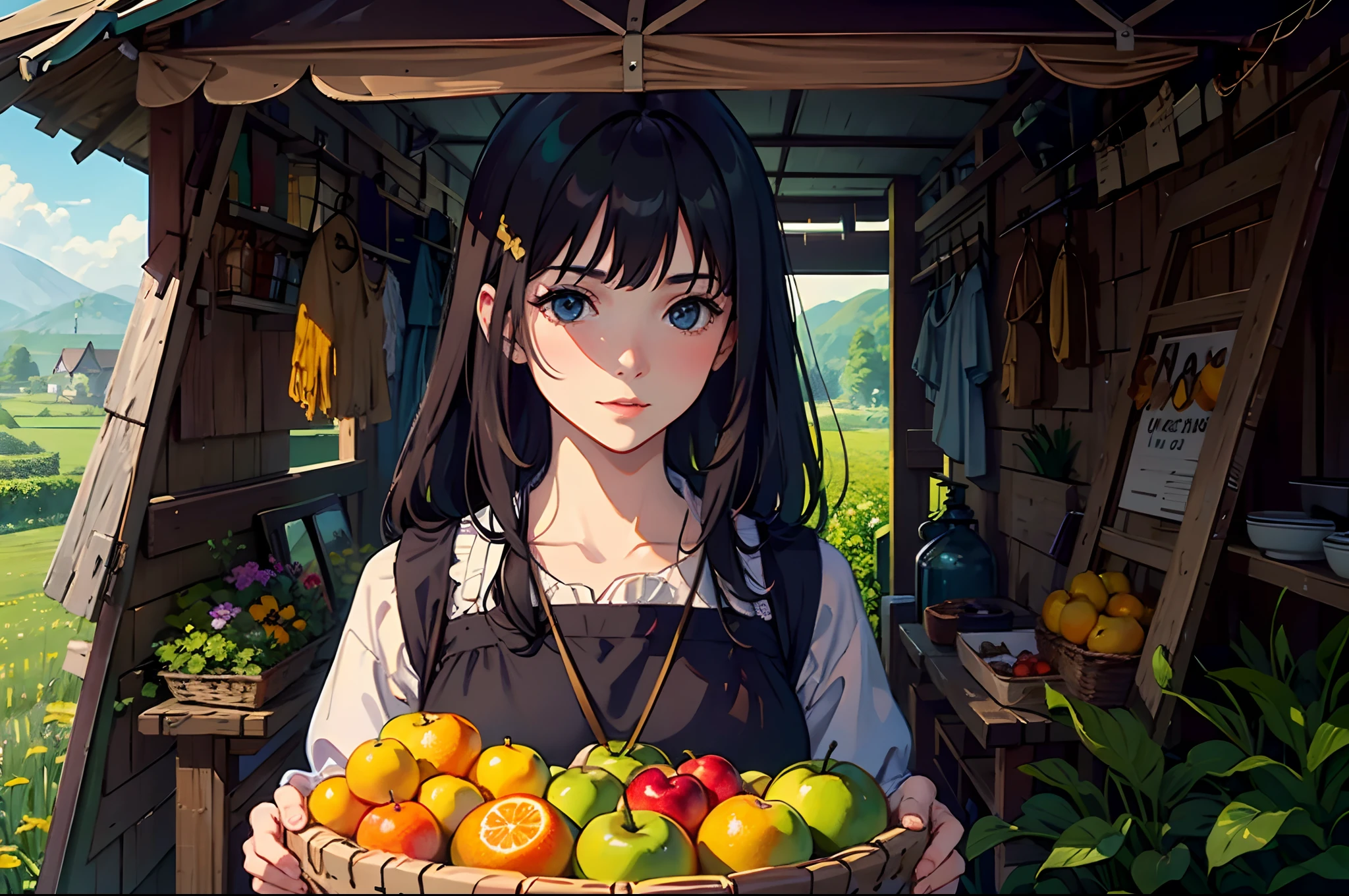 imagine a village beauty from 15th century, close up of one beautiful woman with fruit basket, outdoor, field