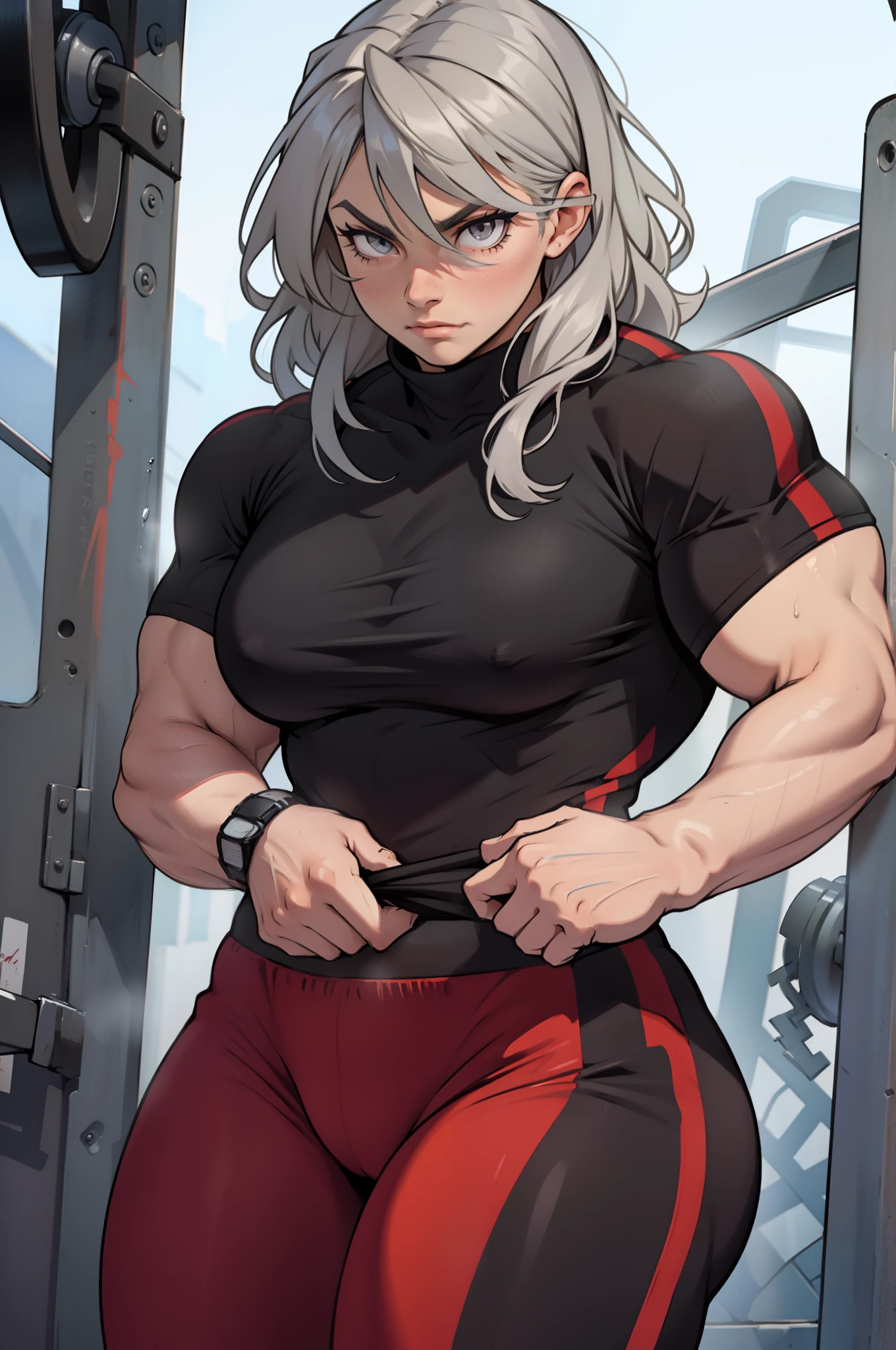 grey hair grey eyes cowboy shot muscular curvy contempt expression close up solo gym clothes 1girl