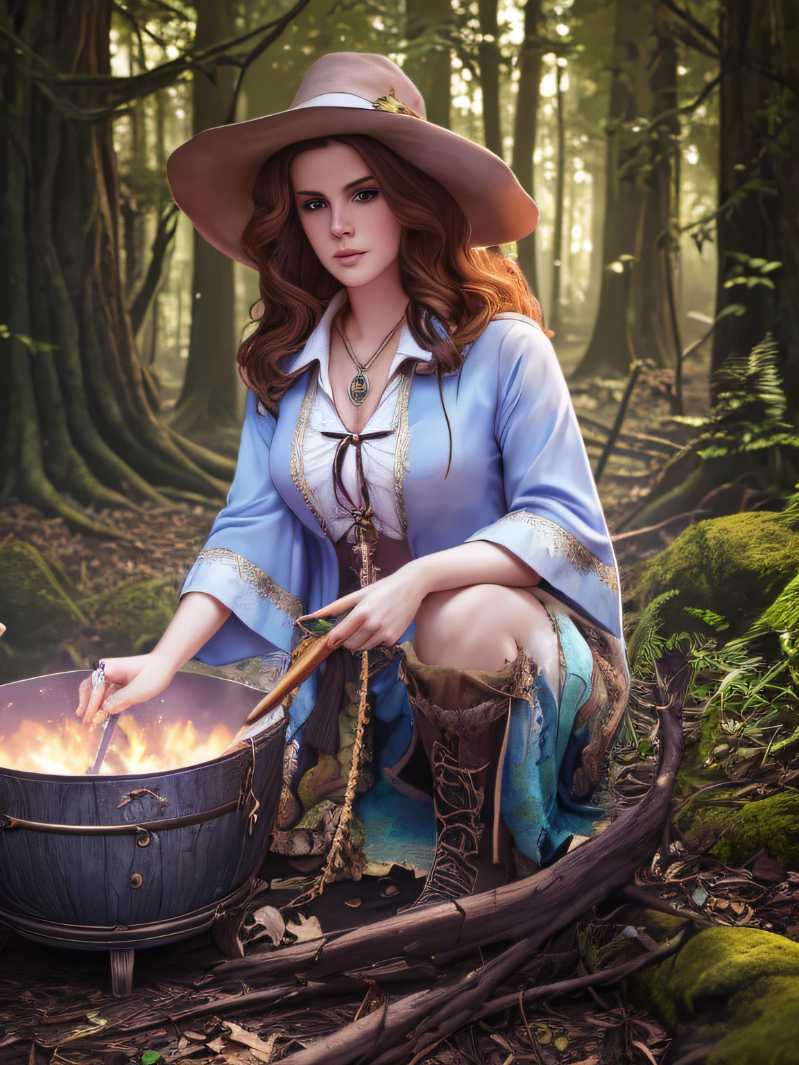 Lana del rey, witch, magic, forest, mystic, 8k, maximum detail, colorful, witch cauldron