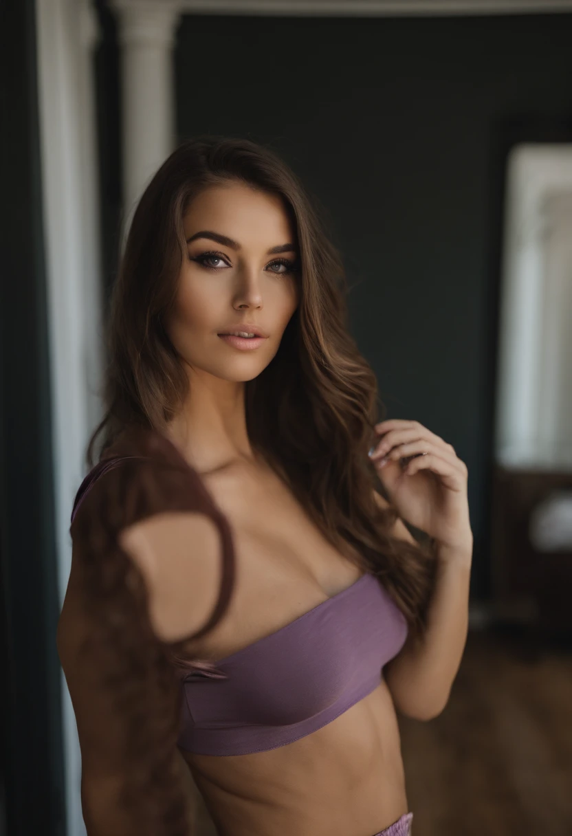 Arafed woman with matching tank top and panties, fille sexy aux yeux bruns, Portrait Sophie Mudd, cheveux bruns et grands yeux, selfie of a young woman, Yeux de chambre, Violet Myers, sans maquillage, maquillage naturel, looking straight at camera, Visage avec Artgram, Maquillage subtil, Superbe photo du corps entier, dans la chambre, clivage, nu, sexe,lingerie