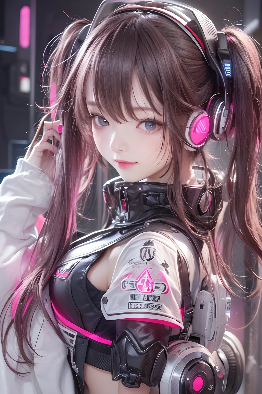 ​masterpiece, 1 beautiful girl, Detailed eye, Swollen eyes, top-quality, 超A high resolution, 电影灯光, japanes, a asian beauty, very extremely beautiful, Beautiful skins, A slender, Forward-facing body, gazing at viewer、(animesque), (hight resolution), , (ighly detailed), ( Best Illustration), (beautifully detailed eyes), (ultra-detailliert), 详细的脸, Bright lighting, Professional Lighting、The background is a cyberpunk room with a large number of monitors..............、Hair color is pink twin tails、、headset on head、Moles under the eyes、Plump and glossy lips、Heart-shaped choker、Female Game Commentator、animesque