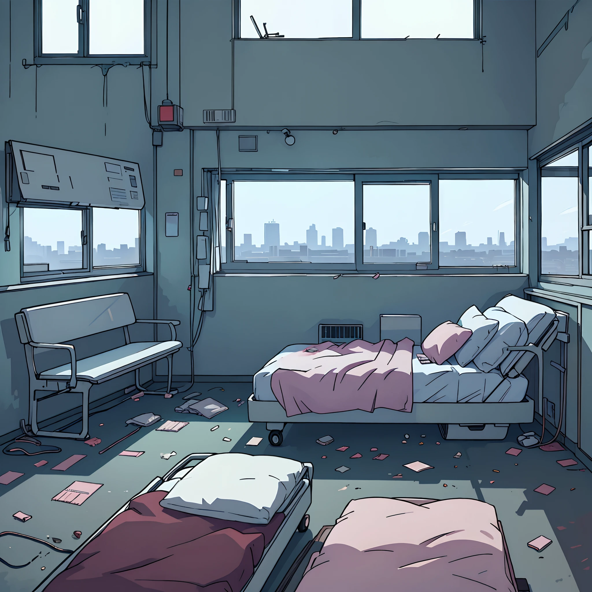 perfect anime illustration, hospital, komoru, Couches, Window overlooking the city, It's dirty inside, Abandoned, Deserted, View from the bed