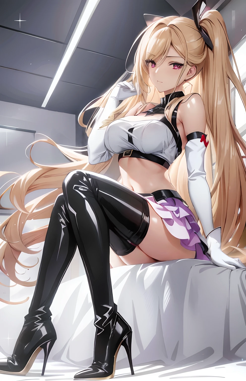 Black high-heeled thigh boots，white long gloves，red pupils，Big breasts Thin waist，revealing her belly，Anime girl sitting on bed in black and white outfit, anime barbie in white stockings, seductive anime girls, Blonde anime girl with long hair, Anime girl with long hair, beautiful and seductive anime woman, from girls frontline, beautiful alluring anime teen, attractive anime girls, twintails white_mitts, Anime goddess, Fine details. Girl front