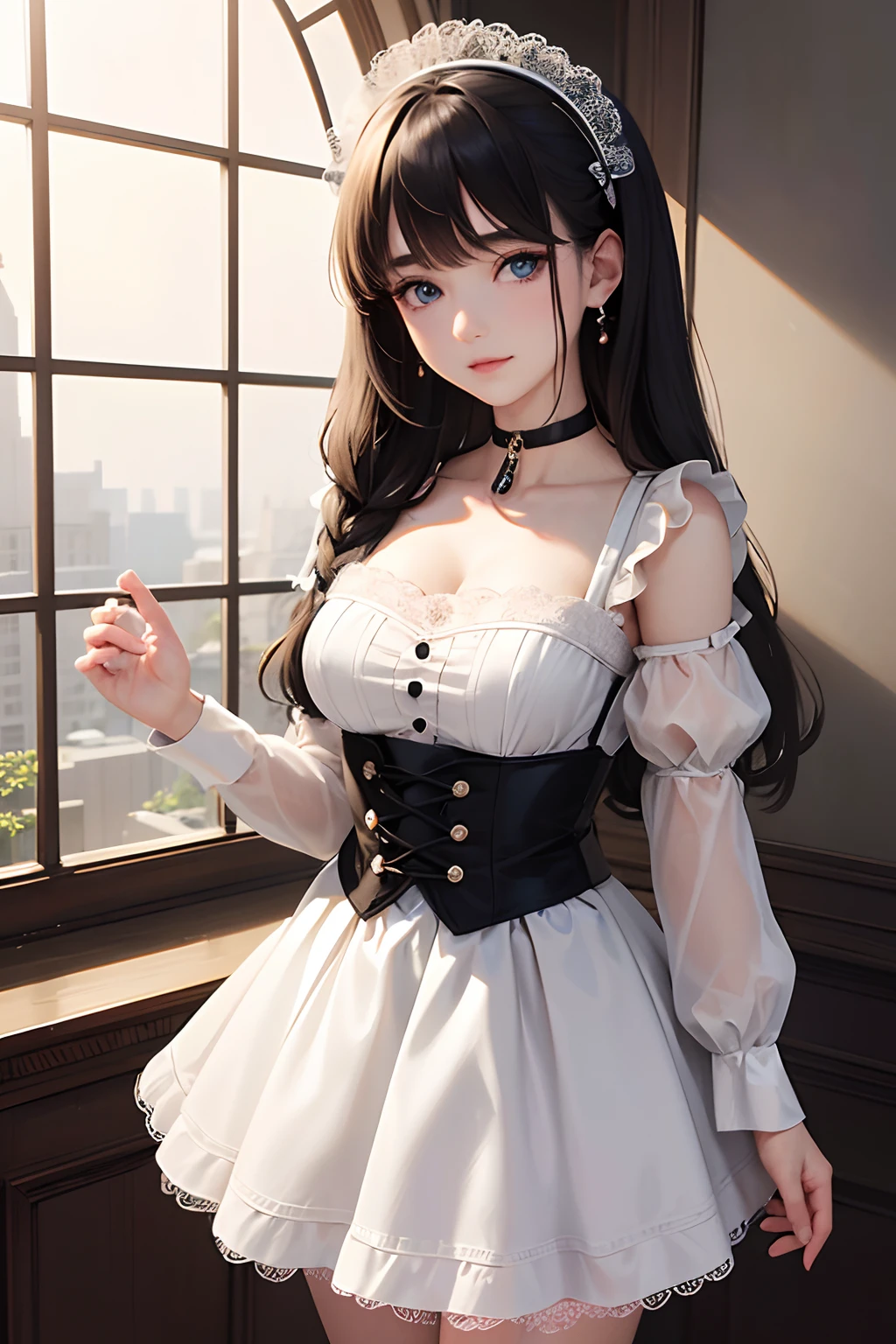 1girl in、looking at the viewers、
The upper part of the body、Beautiful blue eyes、Twin-tailed black hair、Moles under the eyes、Plump and glossy lips、Heart-shaped choker、gazing at viewer、smiling at the viewer、。.。.。.。.。.。.。.。.。.。.。.。.。.。.。.。.。.。.。.。.。.。.。.。.。.3D、realisitic、
Blouses with ruffles、Ultra mini skirt、florals、Lace trim、Meet at Cafe Terrace、
masterpiece、top-quality、8K、detailed skin textures、Detailed Cloth Texture、beautifull detailed face、intricate-detail、ultra-detailliert、
Rim lighting、Side lighting、ciinematic light、超A high resolution、8K UHD、film grains、Best Shadow、delicated、gazing at viewer、front facing