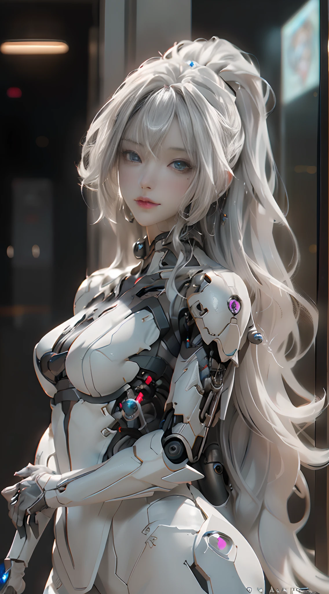 （（masterpiece））， （detailed：1.4），Realistic、 Images of cyberpunk women，Dynamic pose、A dynamic pose、High resolution（High Dynamic Range），Ray Tracing，NVIDIA，Super Resolution，PBR Textures，Post-processing，Anisotropic Filtering，Maximum depth of field resolution and crisp layer textures，Albedo and Specular Maps，Surface Shading，Accurate simulation of material interactions，Perfect balance，Rendering with Octane，2-color light，Large Diameter，Low ISO，White balance，Rule 3 points、8K raw data、Backlight、（Gray hair that changes with light、length bangs that block the view、length, Lustrous gray hair、Smooth and straight hair、WHITE hair fluttering in the wind、Beautiful Bangs）、（Beautiful, glowing skin、Cheek gloss highlight、Sexy and very beautiful and adorable face、The most beautiful face in the world、big, Sparkling blue eyes）、（Cute 25 year old girl、Ample breasts、Small waist、Delicate shoulders、Perfect figure）
