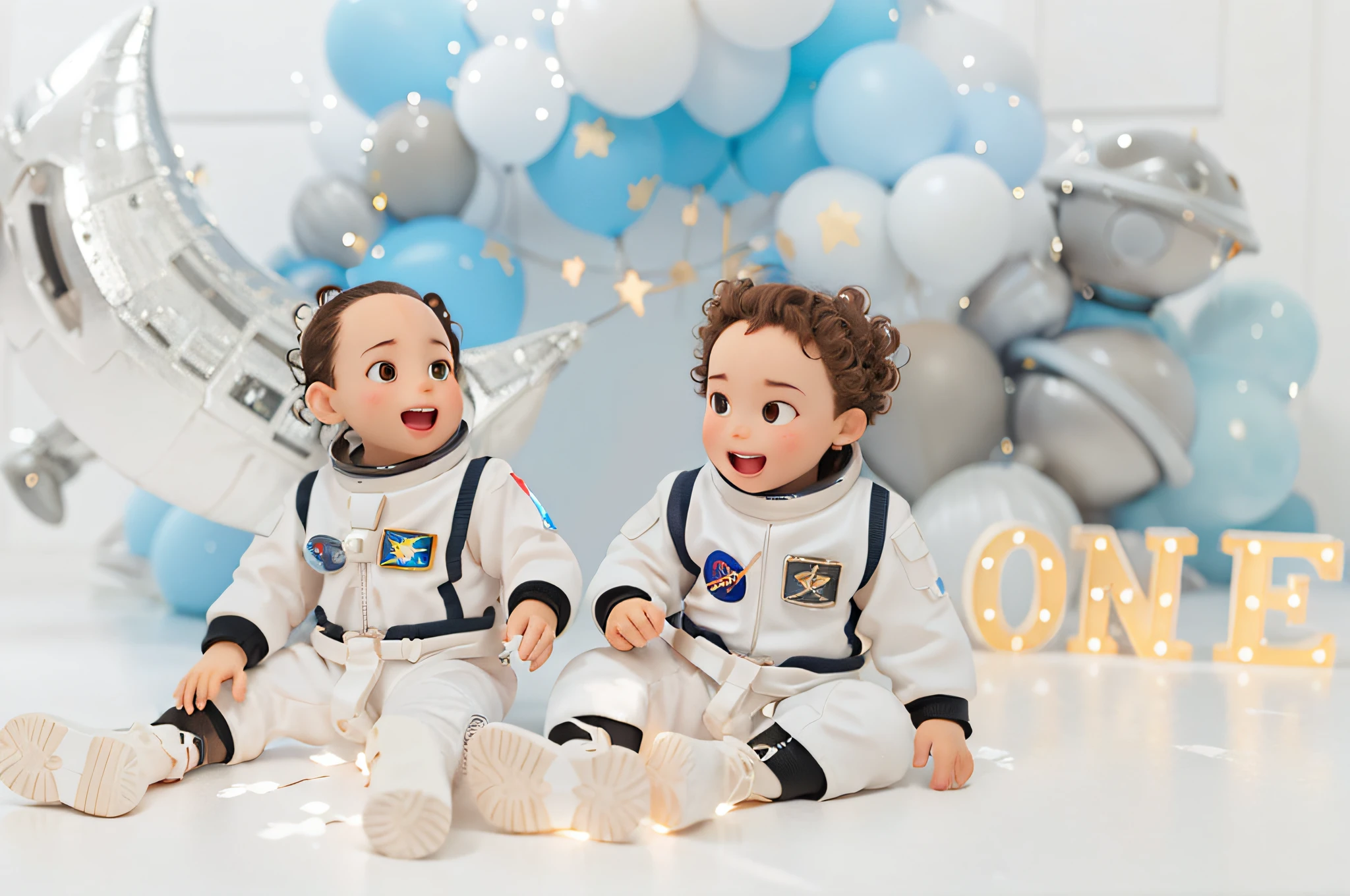 (masterpiece, intricately detailed, best quality, 4k, uhd:1.3), two 1 boys sitting on the floor with balloons and a one sign, (curly hair:1.3), happy, (wide forehead), (brown eyes), asian, small astronauts, space themed, in front of their space ship, beautiful gemini twins, astronauts, space theme, beautiful gemini twins portrait, next gen, wear spacesuits, wearing astronaut outfit, window into space behind them, sirius a and sirius b, twins, on the moon, wearing a space suit