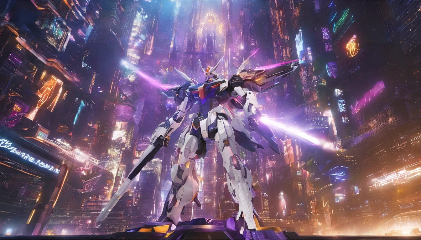 Humans and AI combat robots、Large wing made of metal、White porcelain body、Acrylic transparent cover、whaite hair、glowy skin、1 Cyborg Girl、((Super realistic details))、porate、globalillumination、black shadows、octan render、8K、ultrasharp、Character edge light,Colossal tits、Raw skin is exposed in cleavage、Details of complex ornaments、Details of the Twin Zeta Gundam、Hydraulic cylinder、small led lights、highly intricate detail、Realistic light、a purple eye、Radiant eyes、Facing the camera、neon light detail、cow boy shot、Futuristic headgear、Floor plan about the《cyber punk perssonage》,Dragon Ball 2 player fight scene,(Being in the air), The golden glow collided with the purple glow。A dark castle in a futuristic city built of crystal,Located on an alien planet shrouded in golden light. Design in harmony with nature, Organic cultivation is possible. People don't exist. Plasma emitters emitting a glowing rainbow-colored aura are floating.