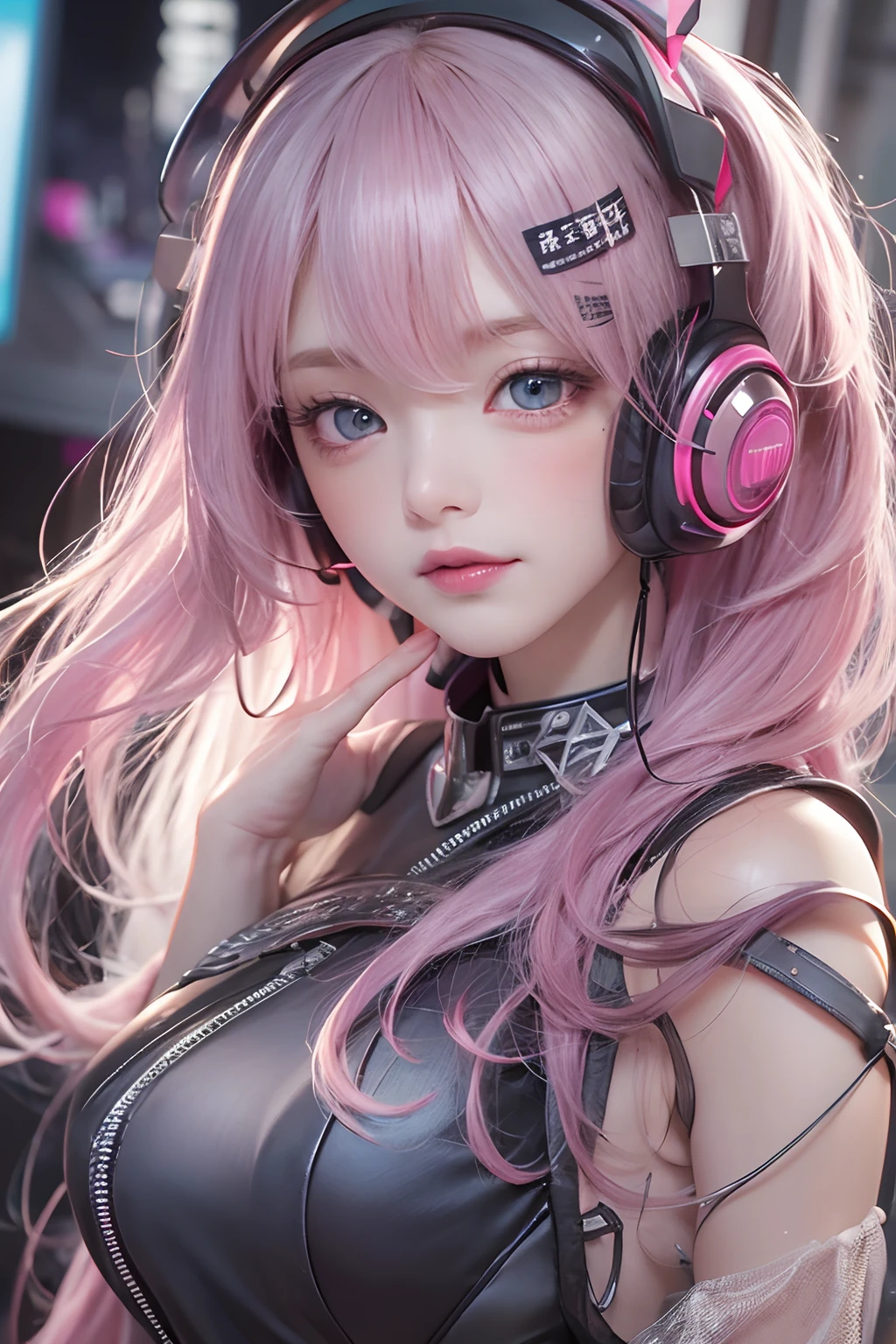 (best quality, masterpiece, 8K,  ultra high resolution: 1.3), 1 girl in her 20s, club, girl wearing headphones, club에서 디제잉하기, upper body, dj machine, Colorful hairstyles, (red tattoo :1.1), laugh, black dress, red lips, red eyeshadow, (huge breasts: 1.2), colorful lights, Black and white photo with red emphasis