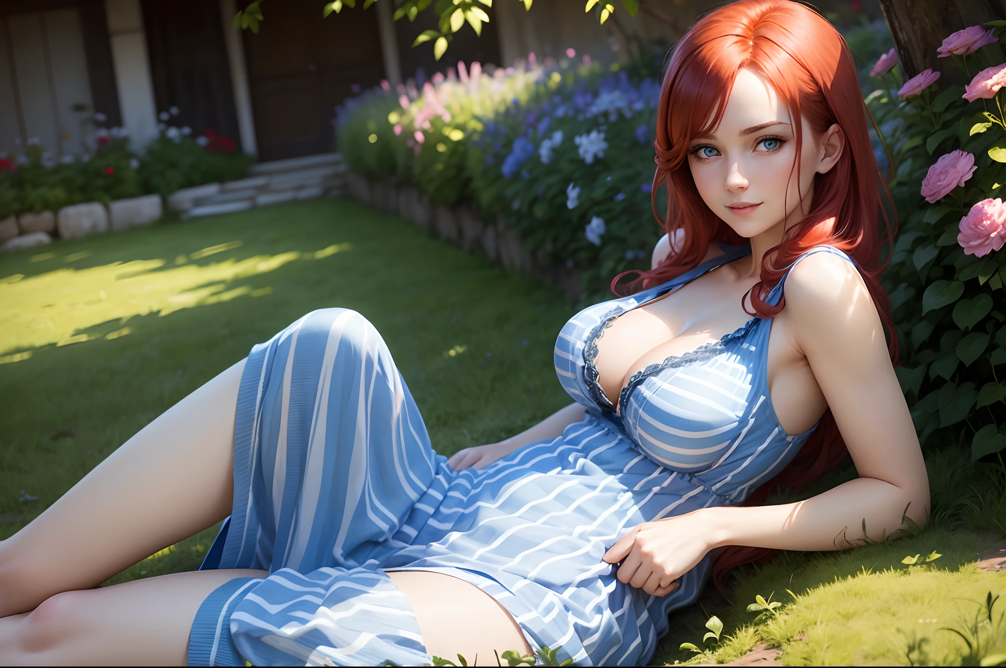 Young female character; Long cream dress with blue stripes; medium tits; blue eyes; Bright red hair; Realistic features and detailed facial features; 25 year old woman; smiling and looking at the camera; closed fists; Dim light; Masterpiece; Garden background; Lying position on the grass