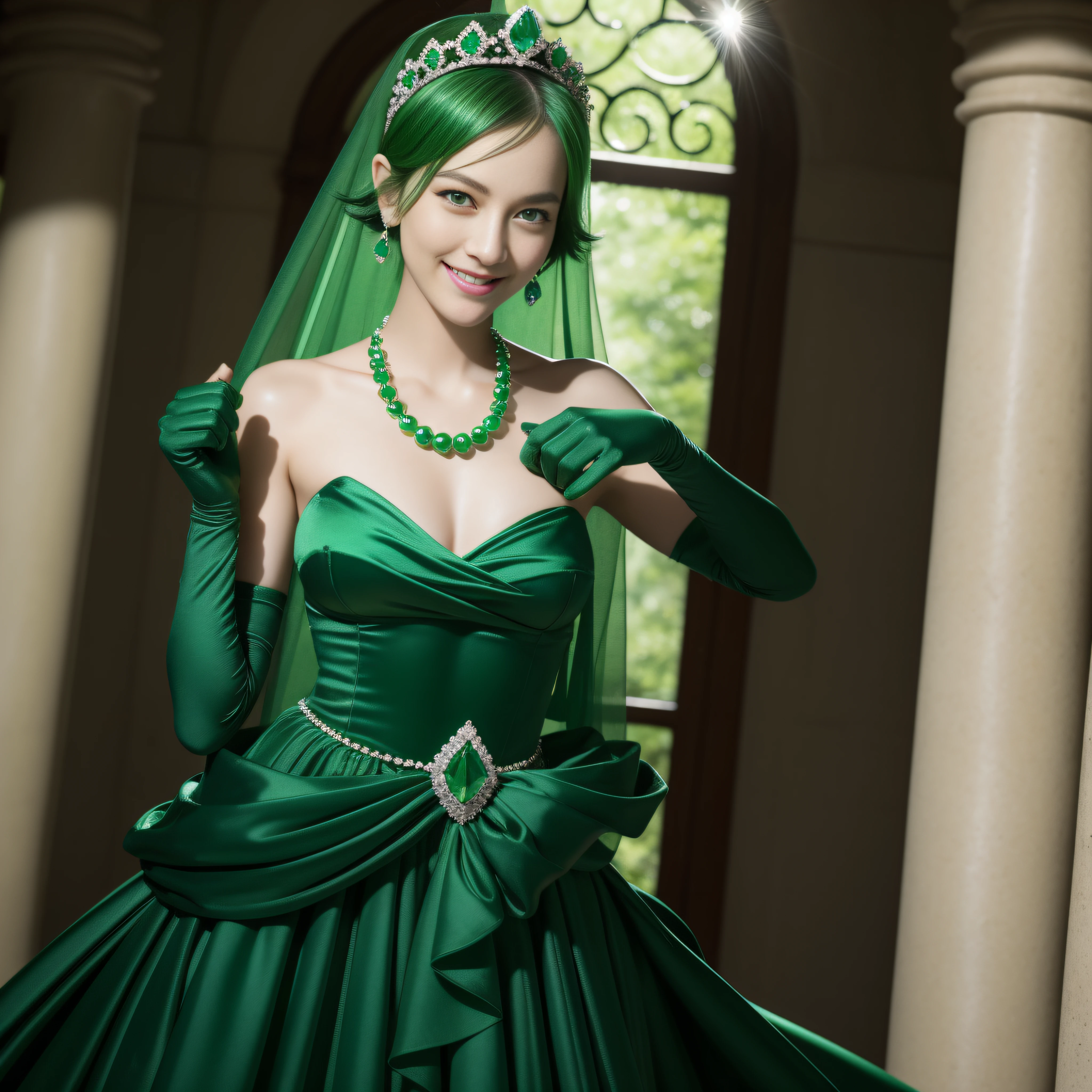 emerald tiara, Green Pearl Necklace, Boyish very short green hair, lipsticks, Japan woman smiling, very short short hair, fist,  beautiful, Green eyes, Long green gloves made of satin material, Green eyes, Emerald Earrings