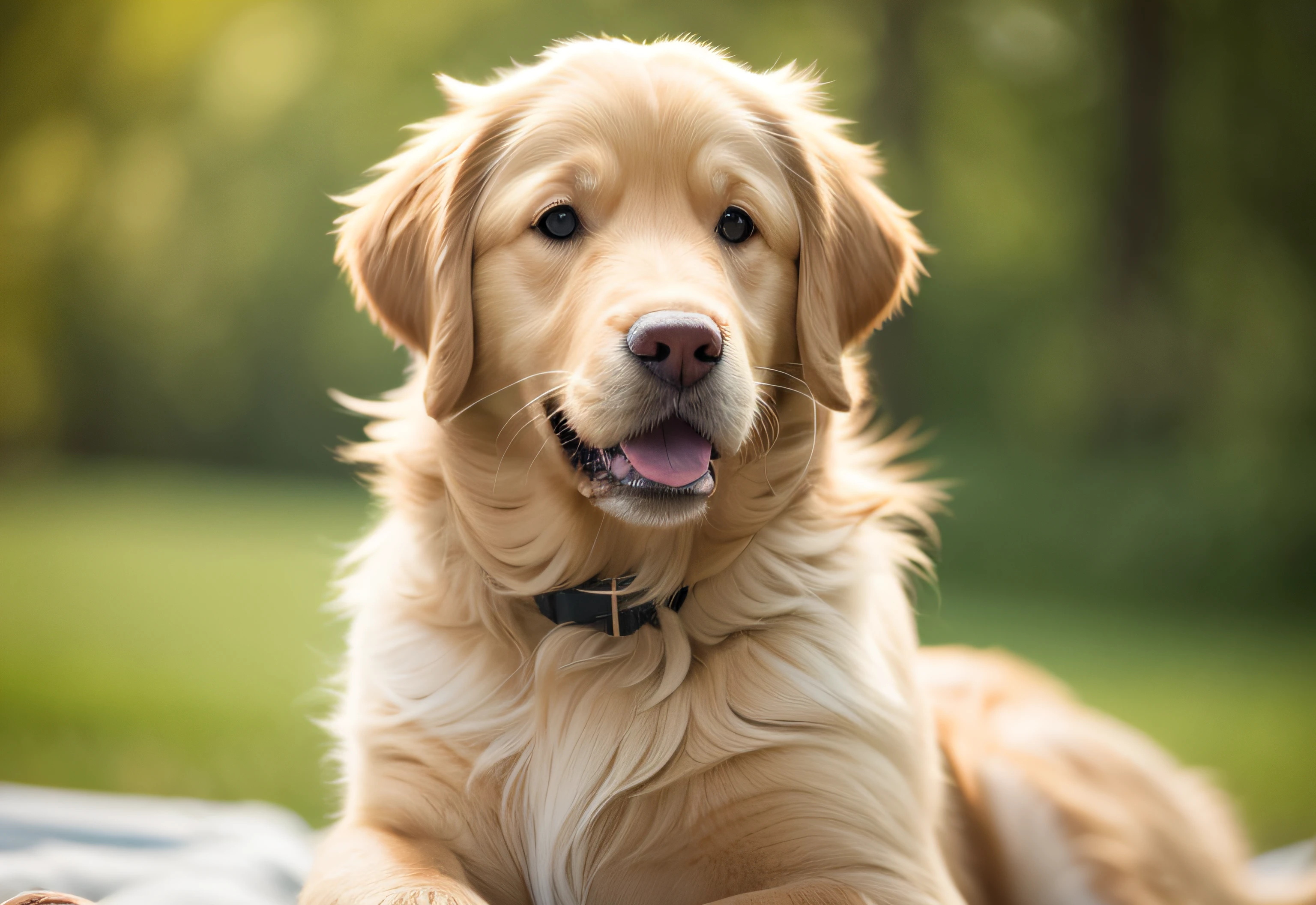 Masterpiece golden retriever young cute realistic, smile, polish, high resolution 8k, crazy detail, detailed hair, high resolution 8k, crazy detail, realistic, professional photography, 8k UHD, SLR camera, soft lighting, high quality, film grain, Fujifilm XT3