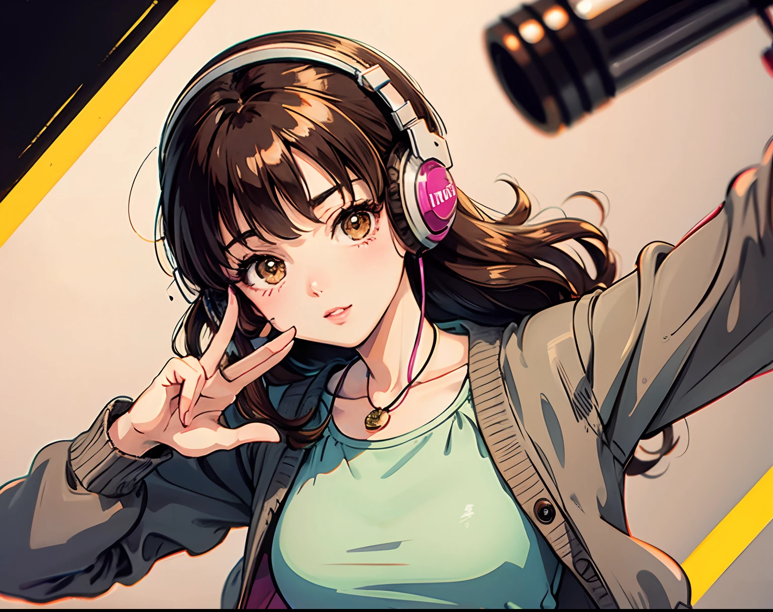 brown hair, vintage 90's:1.1, romance anime style:1.3, cardigan, lipgloss, headphones, dance