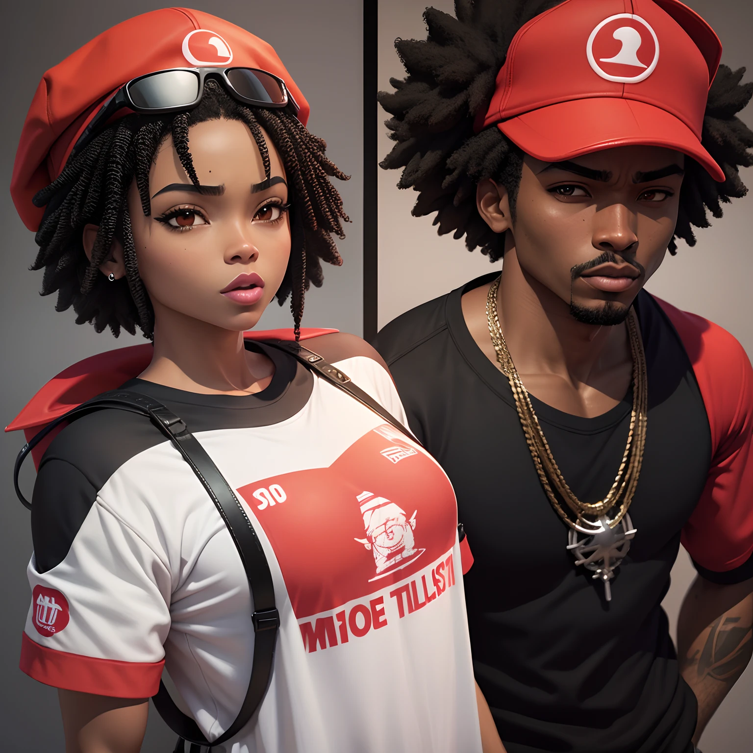 Estilo anime, um personagem,com uma bolha de chiclete na boca,negro,tom de pele afro, red cap, homem negro anime ,3d estilo gangster,anime estilo,tava, lone