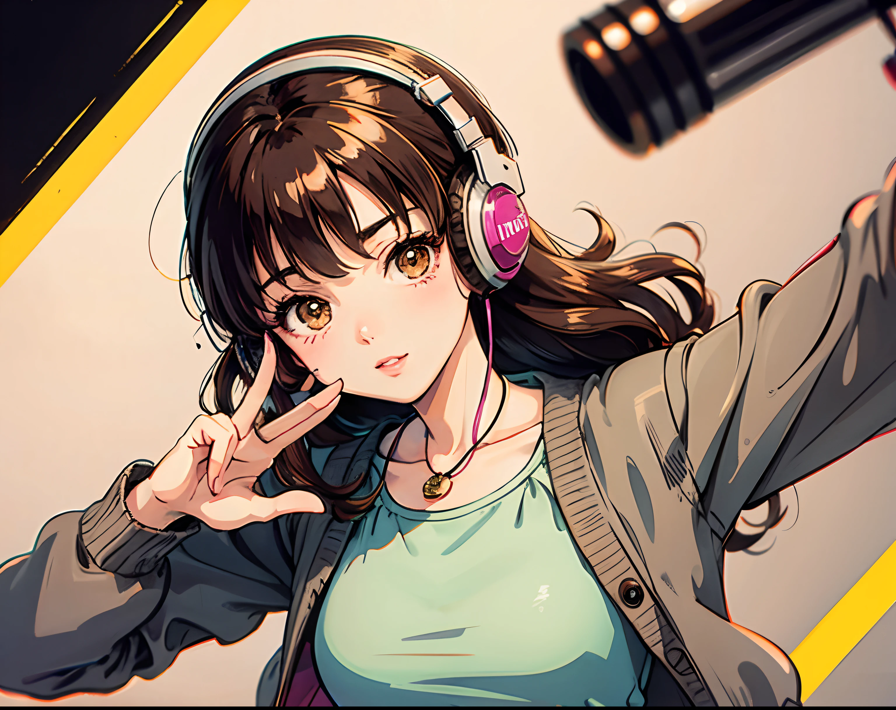 brown hair, vintage 90's:1.1, romance anime style:1.3, cardigan, lipgloss, headphones, dance