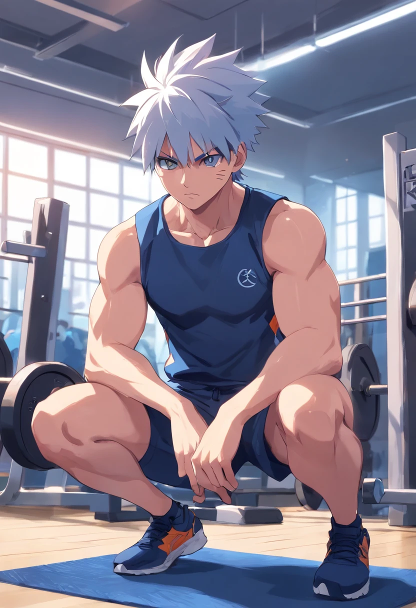Kakashi Hatake in sportswear training intensely in a weight room, amateur, Regarder un viseur, gymnase, muscle , Exercice, scar on left eye, Masque bleu
