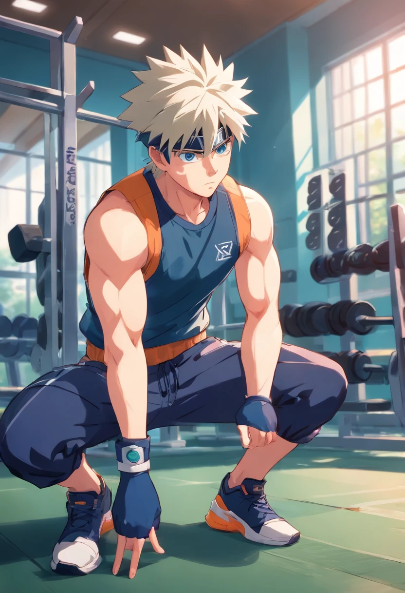 Kakashi Hatake in sportswear training intensely in a weight room, amateur, Regarder un viseur, gymnase, muscle , Exercice, scar on left eye, Masque bleu