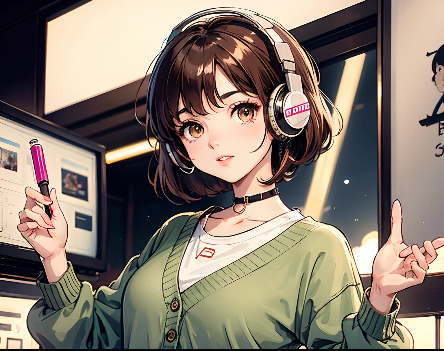 Anime girl with headphones holding up a cell phone in front of a ...