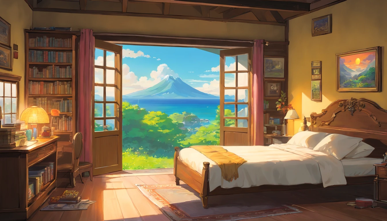 Realista, Authentic, beautiful and amazing landscape oil painting, quarto de um jovem adulto, cama desarrumada, com livros e videogames