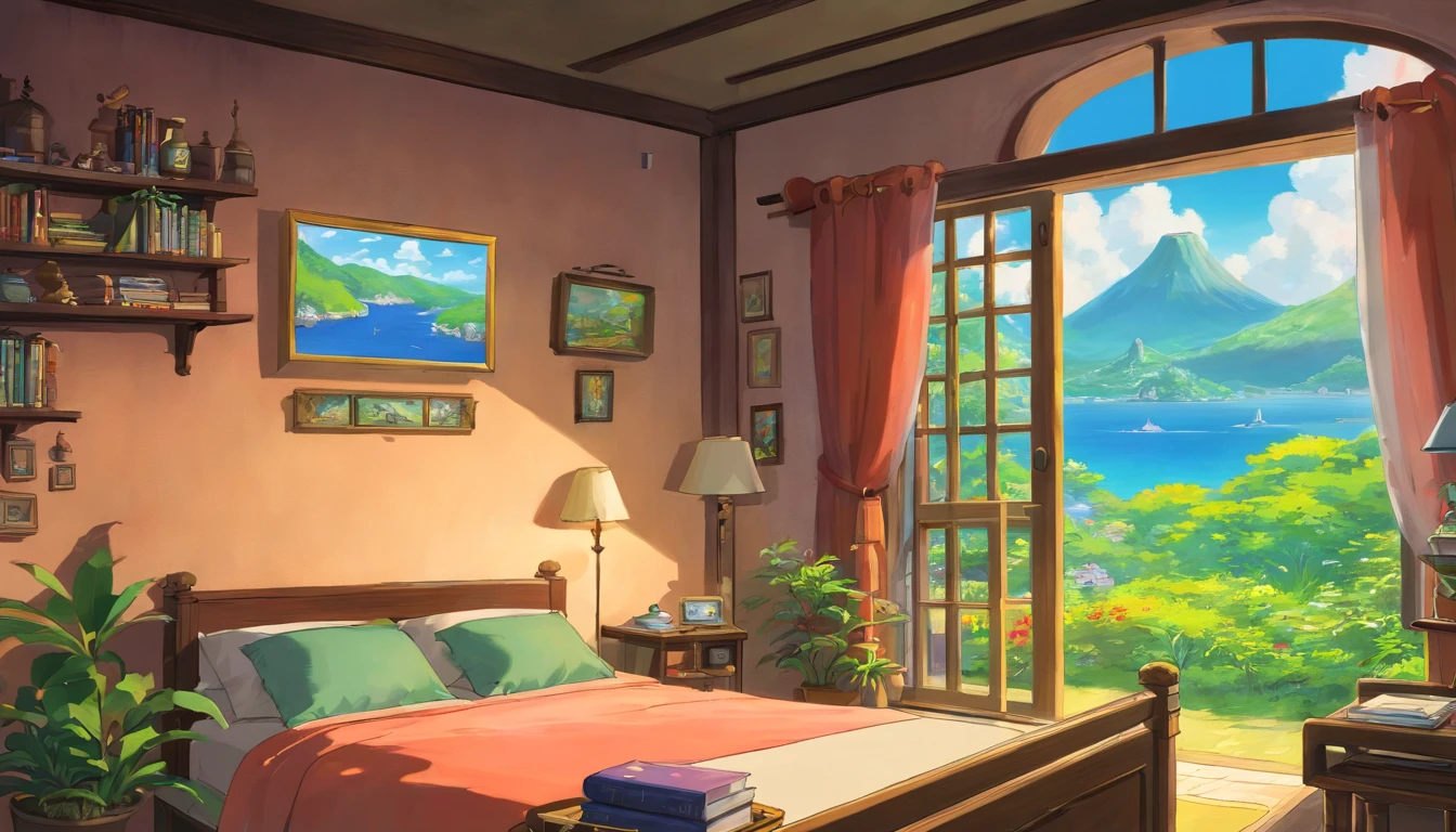 Realista, Authentic, beautiful and amazing landscape oil painting, quarto de um jovem adulto, cama desarrumada, com livros e videogames