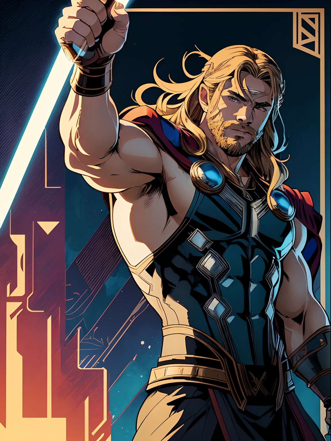 midshot, (cel-shading style:1.3), centered image, ultra detailed illustration of Thor from Marvel, posing, (tetradic colors), inkpunk, (ink lines:1.1), strong outlines, art by Alphonse Mucha, bold traces, unframed, high contrast, (cel-shaded:1.1), vector, 32k resolution, best quality, flat colors, flat lights (Chris Hemsworth as Thor).