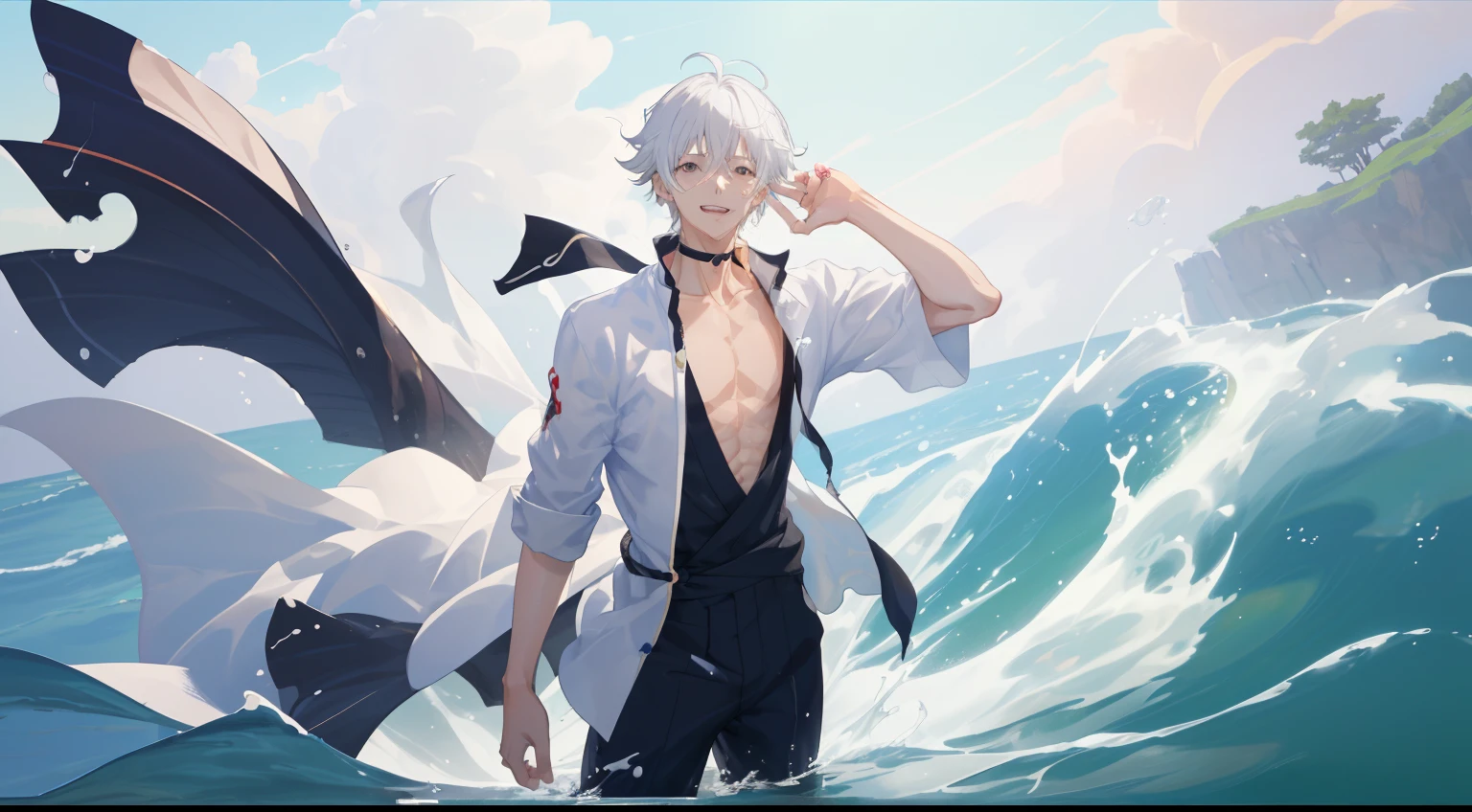 masutepiece、masterpiece、4K、Makoto Shindo、Drenched Boy、1boy、White hair、Nokezoru、A smile、Eau、splash water、natta、Elaborate face、having clothes are worn