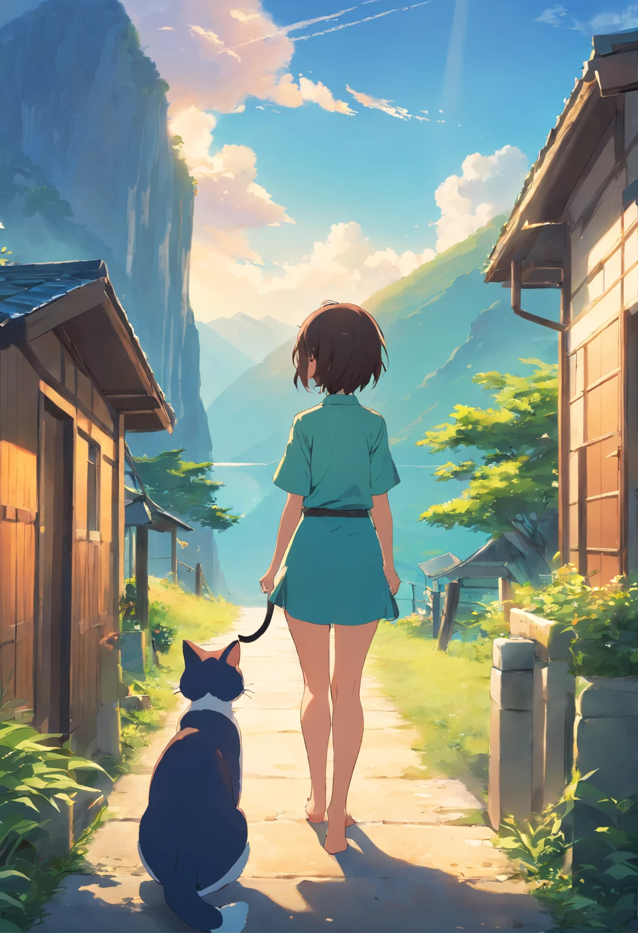 Em uma linda pequena vila，There are mountains，arvoredo，campos gramados，pequeno lago，o cachorrinho，baby cats，Uma garota，Libido menino，Meninos trotando pela aldeia，E lindos pores-do-sol，Brisa suave 1, NSFW