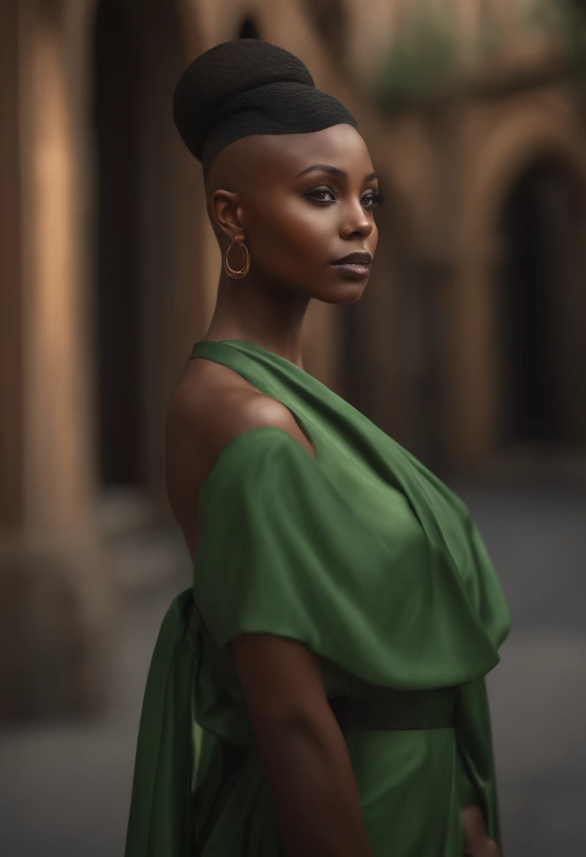 (8k, RAW photo, best quality, masterpiece:1.2), (realistic, photo-realistic:1.37),black girl, dress, green eyes, bald hair, ultra detail cloth, urban