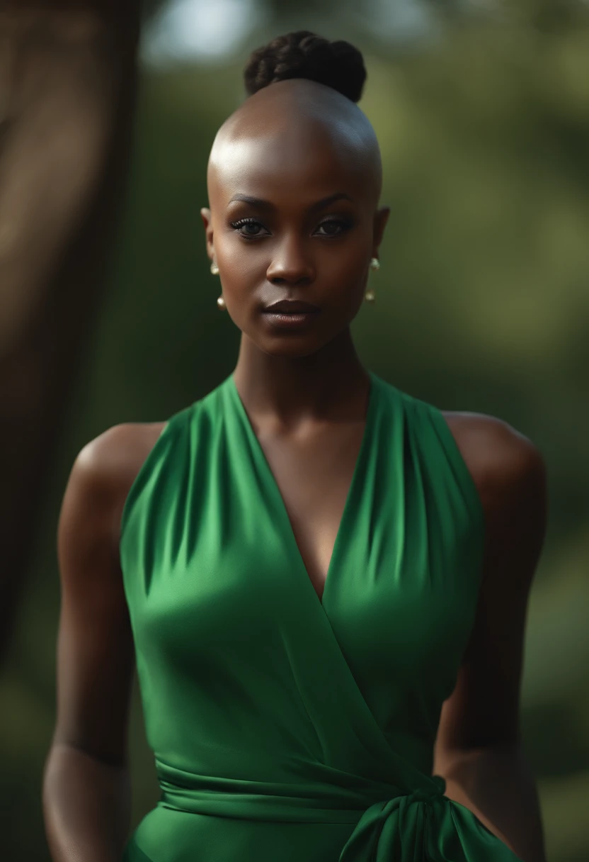 (8k, RAW photo, best quality, masterpiece:1.2), (realistic, photo-realistic:1.37),black girl, dress, green eyes, bald hair, ultra detail cloth, urban